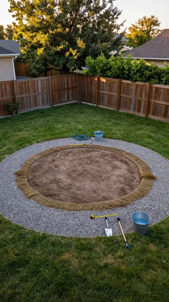 Overhead view of a modest suburban backyard at golden hour, showing a clearly marked circular firepit area on level ground at least 10 feet from a wooden fence and trees. The grass is trimmed; a 5–6 ft radius around the circle is raked down to bare earth with a ring of compacted gravel. Nearby: a coiled garden hose and a metal bucket of water. A tape measure, spray paint marking the circle, and a small shovel lie on the ground. Subtle windbreak from a hedge in the background; no text or signage.