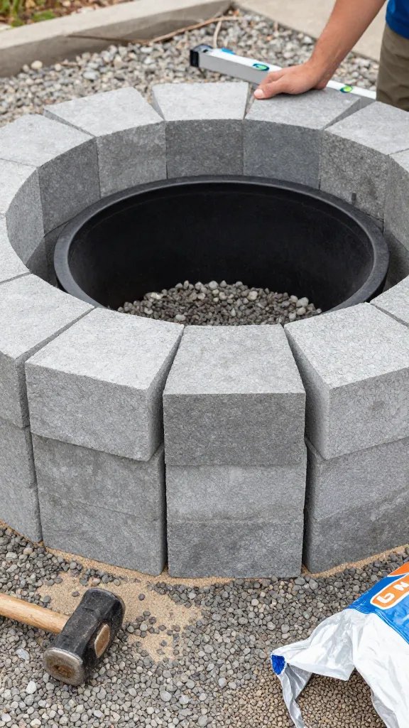 Close-up, waist-level perspective of hands assembling a budget firepit: stacking uniform gray retaining wall/edger blocks in a neat ring around a black steel fire ring insert, on top of a compacted gravel base with a thin layer of sand. The scene includes a rubber mallet, level, and a bag of pea gravel torn open. The blocks are slightly weathered but clean; the ring is centered and aligned. The surroundings show a cleared safe zone with no grass or mulch near the stones.