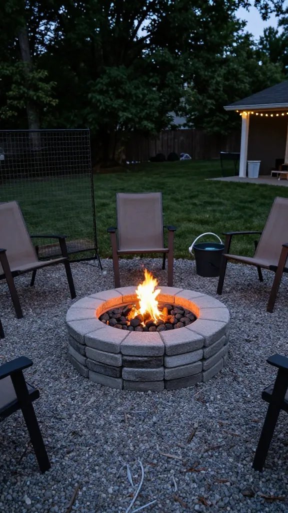 Twilight backyard scene with a finished DIY firepit under $100: a tidy circle of stacked concrete pavers around a small, contained flame with visible lava rock inside. Surrounding the pit is a crushed gravel seating area within the cleared 5–6 ft radius; three mismatched but cozy outdoor chairs; a simple wire mesh spark screen set to the side; a bucket of water and hose close by. Trees and structures are visibly more than 10 feet away. Subtle string lights add ambiance; no text anywhere.