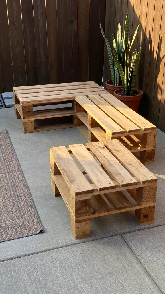 Sunlit small backyard patio with a simple L-shaped DIY bench made from two reclaimed wooden pallets stacked as the base and topped with evenly spaced 1x4 slats, natural wood tones, no cushions, clean modern lines; set on a concrete slab with a low-cost paver stepping stone used as a side table platform; a cheap outdoor rug and a couple of potted snake plants for color; late afternoon golden light, cozy but minimalist, shot at a 3/4 angle from standing height.
