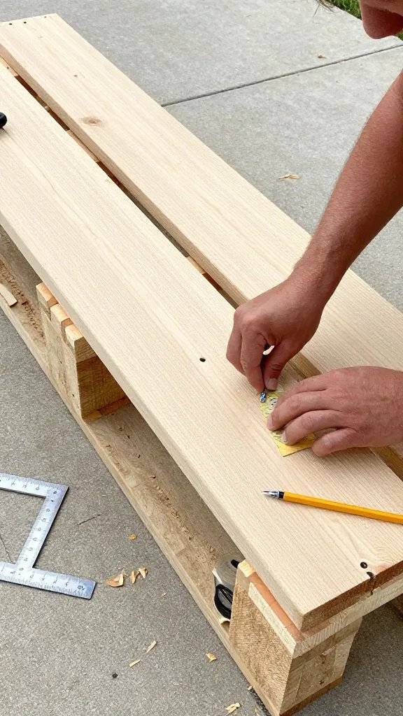 Close-up, overhead work-in-progress scene: hands sanding and screwing 1x4 slats onto a pallet base to form a straight bench; pre-drilled pilot holes, deck screws visible, tape measure, pencil marks, and a budget handsaw on the side; rough but neat reclaimed pallet wood with sanded edges; set on a concrete patio with wood shavings and a square laid-out measuring triangle; bright natural daylight with soft shadows.