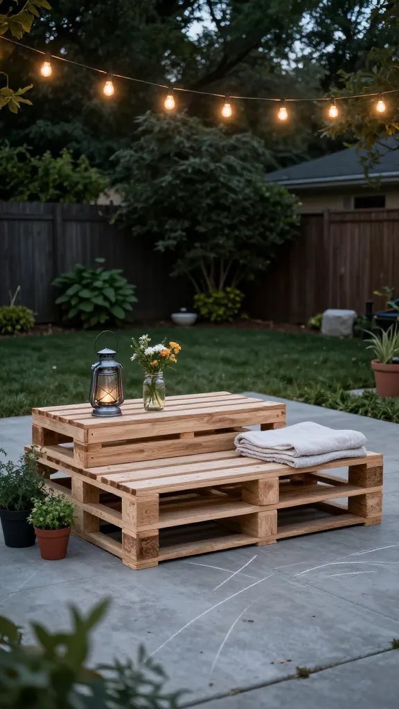 Twilit backyard movie-night setup featuring the finished straight pallet bench with slatted top, seating two people’s worth of space; string lights overhead, a simple crate-style side platform holding a metal lantern and a mason jar with flowers; lightweight throw blanket folded on one end; a couple of low-cost potted herbs nearby; concrete slab patio with subtle chalk layout lines still faintly visible; camera at low angle to emphasize sturdy, modern, budget-friendly vibe.