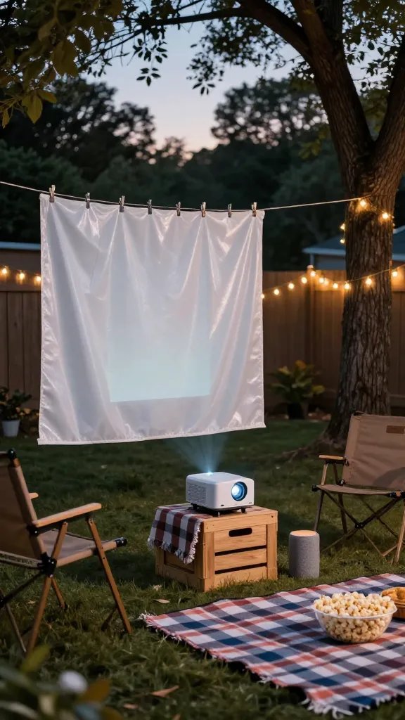 Cozy backyard at dusk transformed into a DIY movie setup: a white vinyl shower curtain liner neatly clipped to a clothesline between two trees as the screen, a compact $50-style mini LED projector on a small crate projecting onto it, a single mid-sized Bluetooth speaker on a blanket, string lights softly glowing along a fence, a couple of lawn chairs and a plaid picnic blanket with popcorn bowls; no text, warm ambient lighting, clear focus on budget gear.