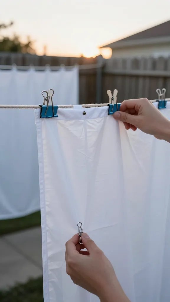 Close-up, step-by-step feel: hands using clothespins and binder clips to secure a wrinkle-resistant white shower curtain liner to a taut rope, with small weights (clothes pegs or tiny clamps) at the bottom corners to keep it flat; background shows a simple backyard with a fence, a folded bedsheet nearby as an alternative screen, and the sun setting to indicate evening; natural colors, no text.