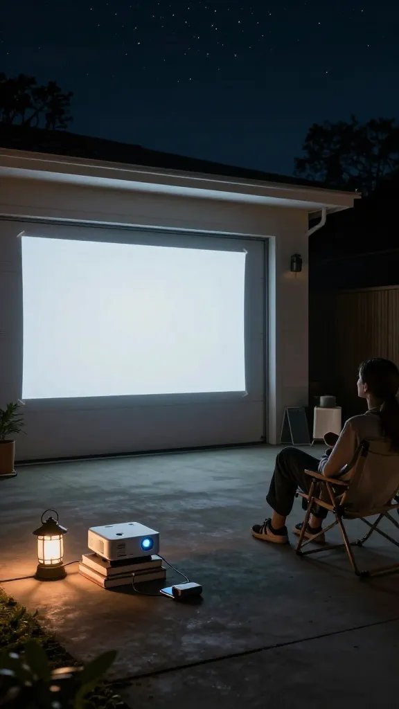 Minimalist nighttime movie scene: wide shot of a small backyard with a crisp image projected onto a smooth white bedsheet taped to a garage door, the compact projector positioned on a stack of books for height, a single inexpensive wired mini speaker connected to a phone via aux cable, soft lanterns on the ground for mood, a couple of friends on camping chairs under a starry sky; no text, cinematic but realistic budget vibe.