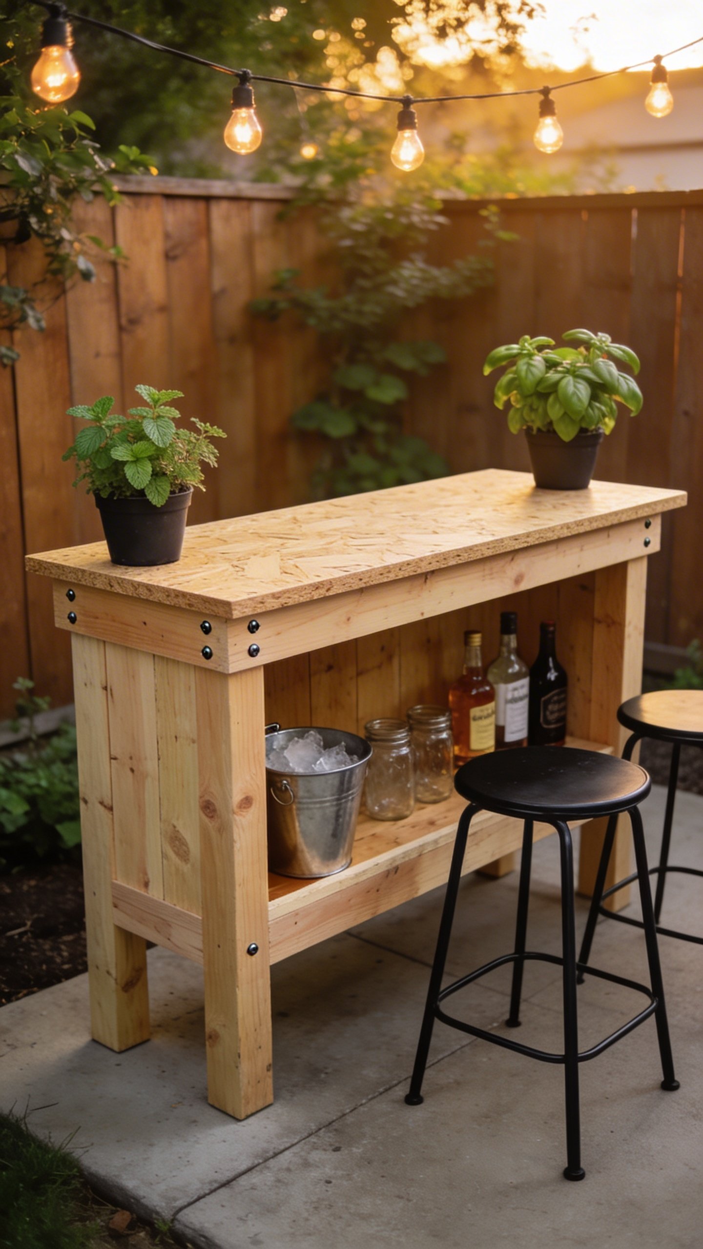A compact DIY outdoor bar on a small backyard patio at golden hour: a 4-foot-long rectangular bar made of unfinished pine 2x4s and plywood top, about 20 inches deep, with a smooth sanded wood countertop, a single open storage shelf below holding a metal ice bucket, mason jars, and a few liquor bottles. The bar has visible deck screws, clean simple joinery, and sits on a concrete patio with a couple of simple black metal stools. Surroundings include string lights overhead, potted herbs (mint and basil), and a wood fence with soft greenery. No text, realistic photo style.