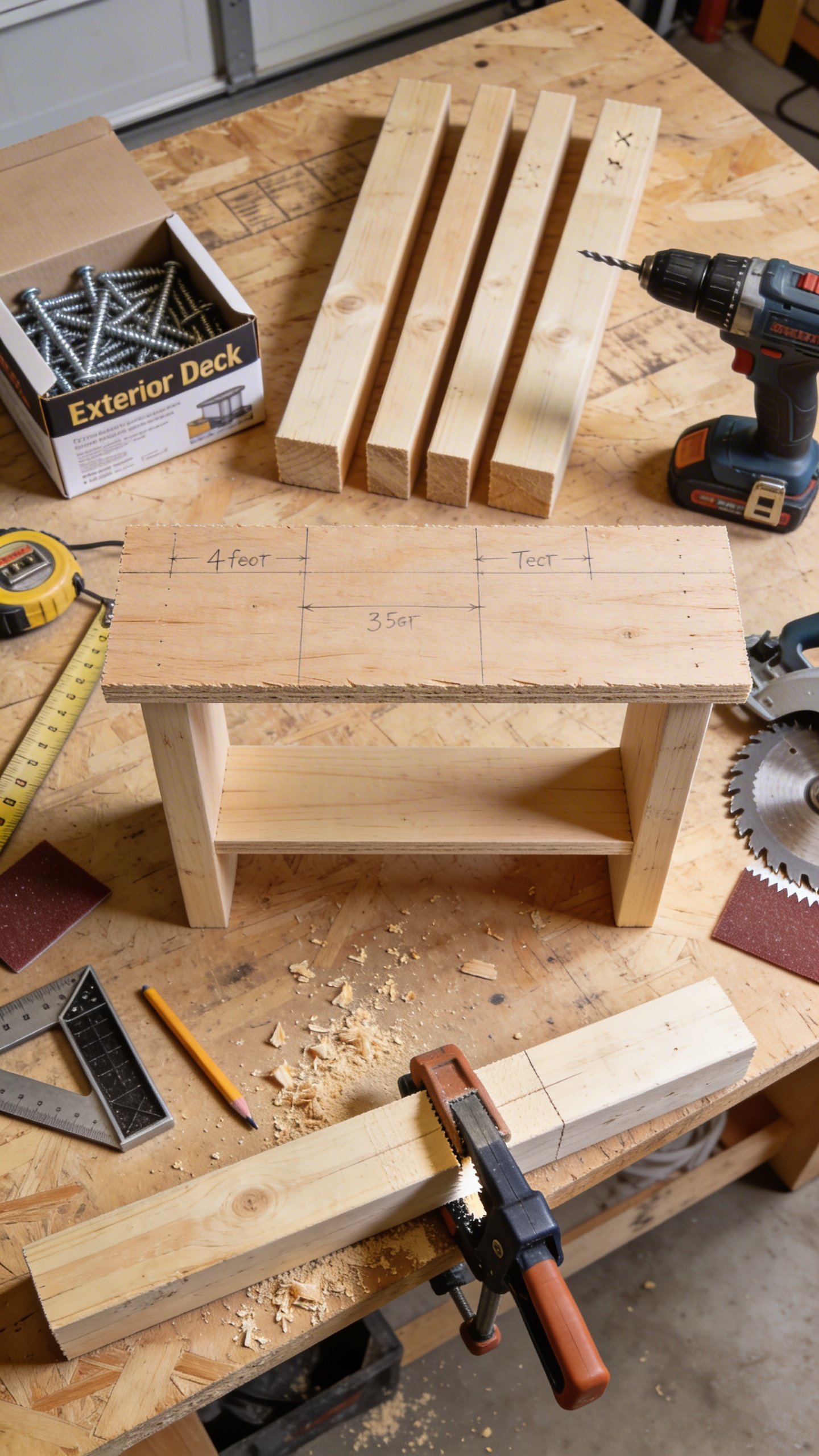 Close-up, overhead workshop scene on a plywood workbench showing budget-friendly materials and tools for building a small outdoor bar: six 2x4 studs, one 2x4 sheet of plywood cut to form a 4-foot top and lower shelf, a box of exterior deck screws, a tape measure, carpenter’s square, pencil marks with cut lengths written, a drill/driver, and sandpaper. Include a quick clamp holding a 2x4 for cutting, with a circular saw mid-cut. Natural garage lighting, sawdust details, clean composition. No text.