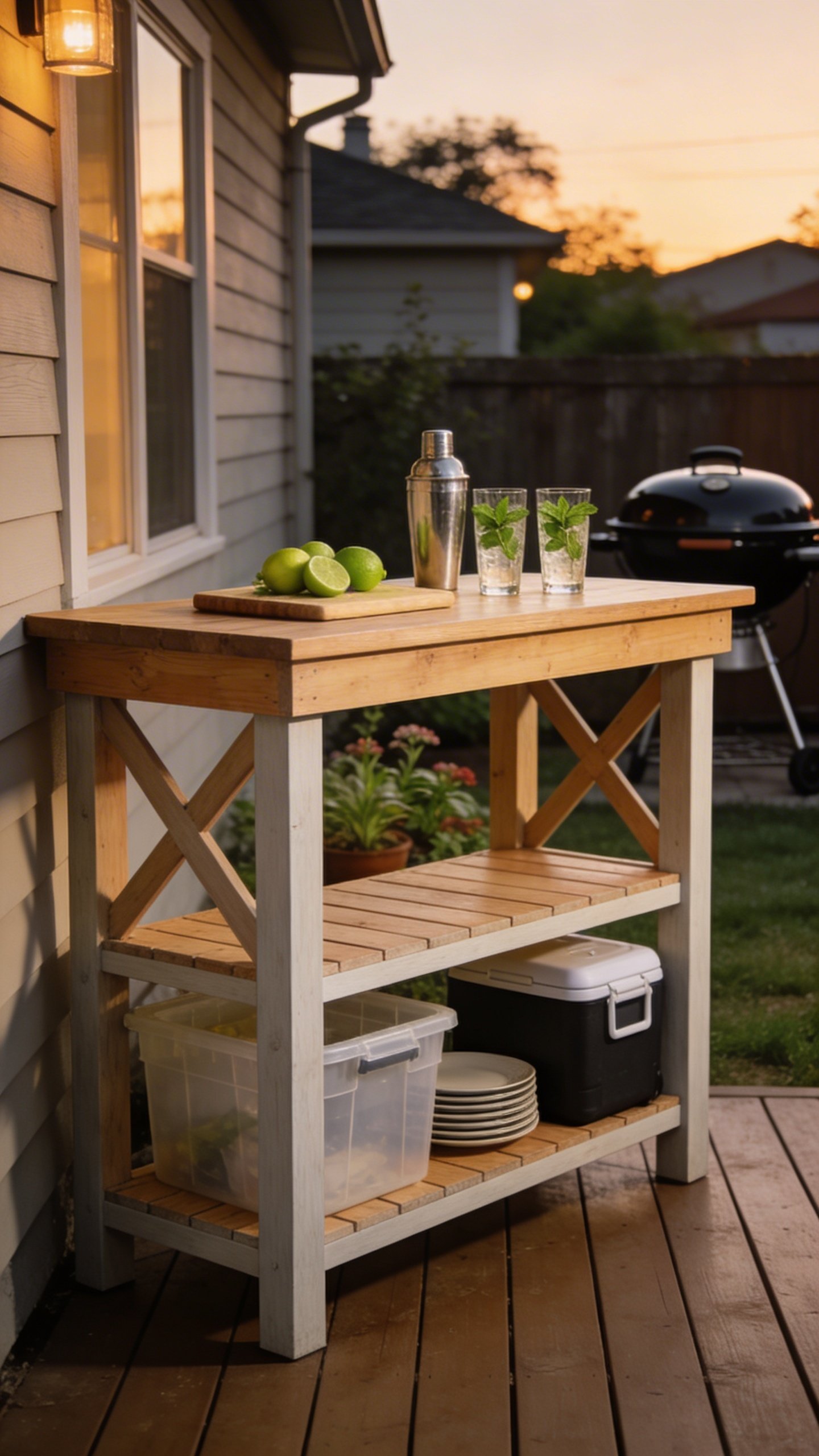 A finished, minimalist freestanding outdoor bar staged for summer entertaining on a small deck: sturdy 2x4 frame with cross-bracing for stability, natural wood sealed with a light matte finish, 4 feet long with an 18–24 inch deep top. The lower shelf neatly stores a plastic tote, a stack of plates, and a small cooler. On the top: a cutting board with limes, a shaker, two highball glasses with mint sprigs. Background includes a modest backyard with a grill, low plants, and warm ambient evening light; casual, realistic style, no text.