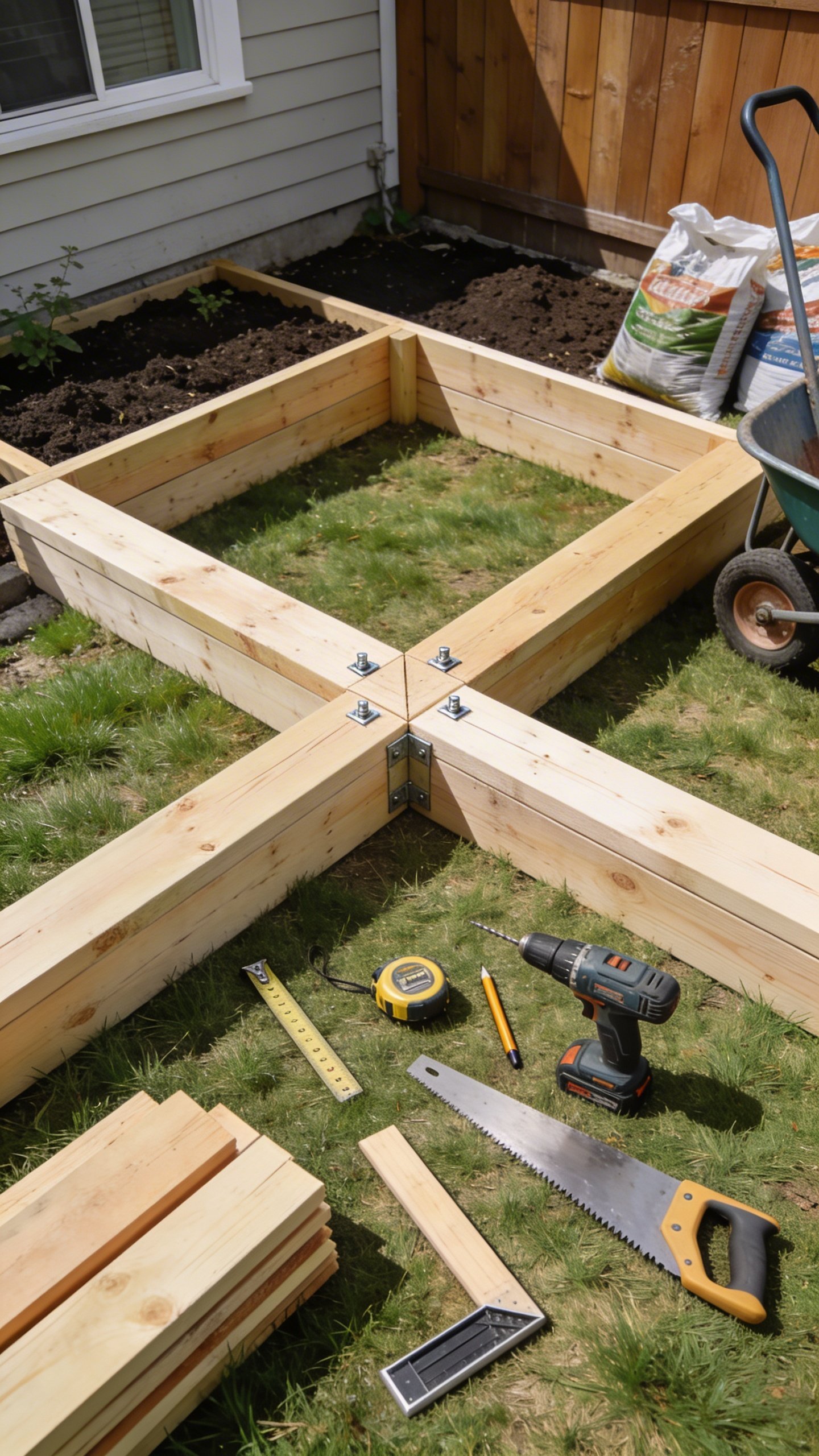 Overhead daytime shot of a small suburban backyard corner transformed into a 4x8 raised garden bed build-in-progress: two 2x10 pine boards joined at the corners with simple deck screws, no metal brackets; a tape measure, handsaw, drill, wood pencil, and square lying on short-cut grass; cut boards neatly stacked; soil bags and a wheelbarrow nearby; soft natural light; clean, practical, budget DIY vibe; no text.