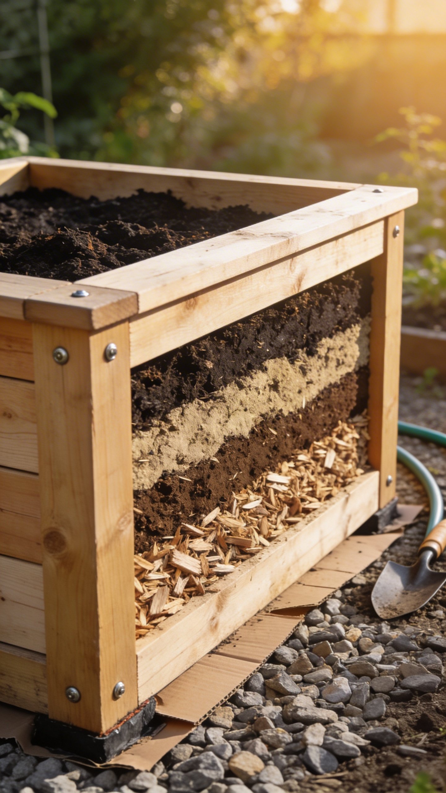 Close-up, waist-level angle of a finished 4x8 raised bed made from inexpensive untreated pine: crisp square corners with visible screw heads, leveled on a thin layer of packed gravel, cardboard weed barrier peeking under the frame edge; partially filled with a mix of dark compost, lighter topsoil, and coarse wood chips layered like a lasagna; subtle garden hose and trowel to the side; early morning light; tidy and sturdy look.
