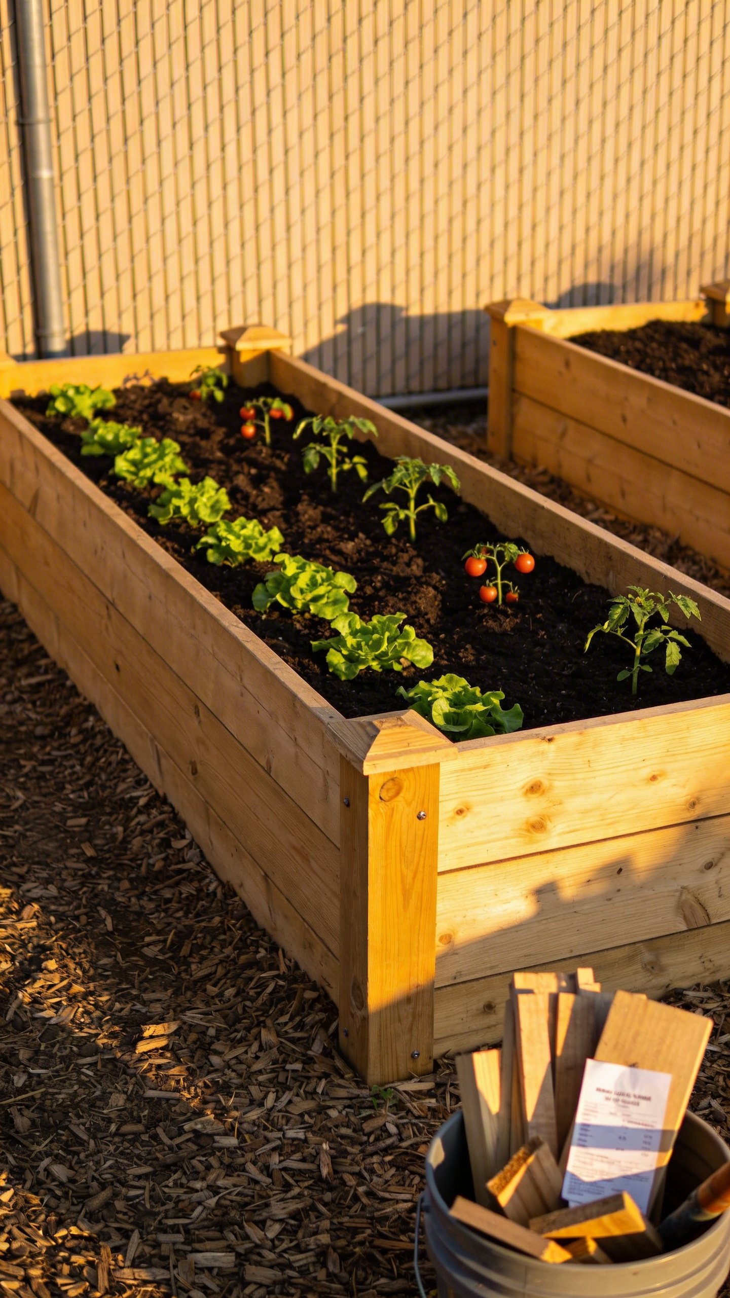 Wide shot of two matching budget raised beds side-by-side against a fence: fresh soil mounded slightly above the rim, simple wooden corner stakes reinforcing the outside, mulch paths between beds; young leafy greens and a few tomato starts planted in neat rows; a small pile of offcut lumber and a receipt or price tag peeking from a tool bucket to hint at low cost; late afternoon golden light; clean, inviting, practical homestead feel.