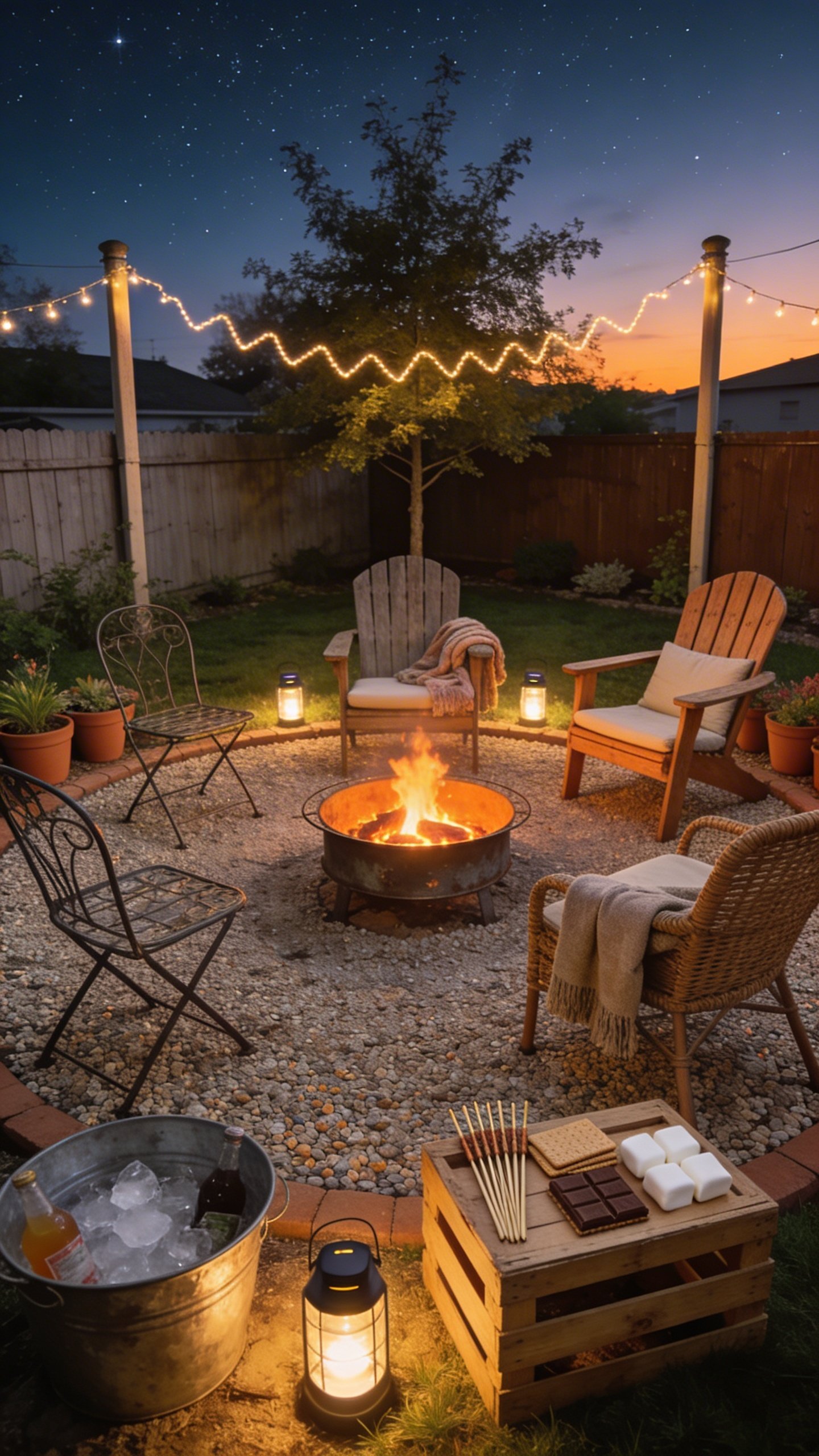 Twilight backyard scene of a cozy DIY fire lounge on a tight budget: a small circular metal fire pit glowing with orange flames on a compact pea gravel pad (about 10–12 ft diameter), ringed by 5 mismatched but coordinated thrifted chairs (two metal bistro chairs, two wooden Adirondack-style, one woven patio chair) with neutral seat cushions and throw blankets. String lights zigzag overhead between two fence posts and a tree, solar lanterns on the ground, a galvanized tub with ice and drinks, a simple wood crate side table holding skewers and graham crackers, chocolate, and marshmallows. Lush but low-maintenance plants in terracotta pots edge the gravel circle. Soft, warm lighting; starry sky just visible; no people.