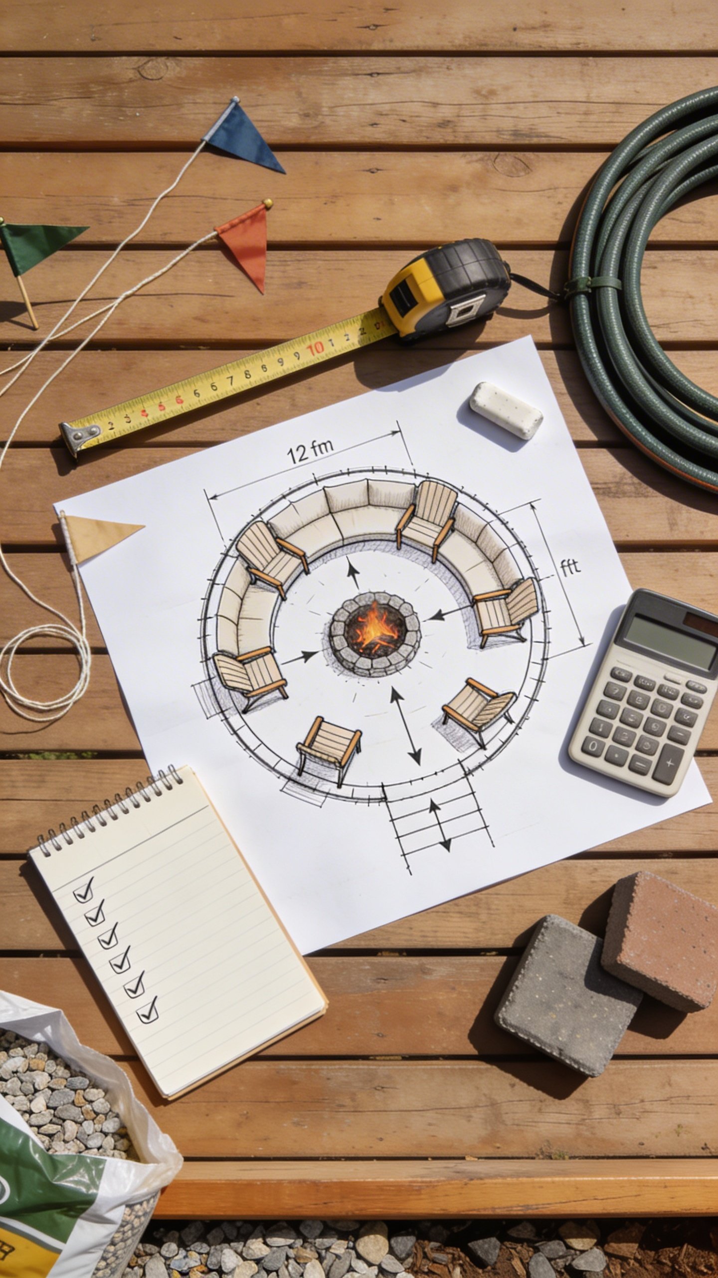 Daytime top-down flat lay of a backyard planning “game plan” on a wooden deck board: a hand-drawn sketch of a 12 ft circular lounge with a small fire pit in the center and 6 chairs spaced around, marked dimensions and arrows for walking paths; a tape measure stretched to 12 ft, chalk and string, landscape flags, and a garden hose coiled to suggest the circle. Beside it, a budget notepad with a short checklist (fire pit, gravel, pavers, chairs, lights) and a simple calculator. Include a few pavers and a bag of pea gravel partially opened at the edge of the frame; natural daylight, crisp details.