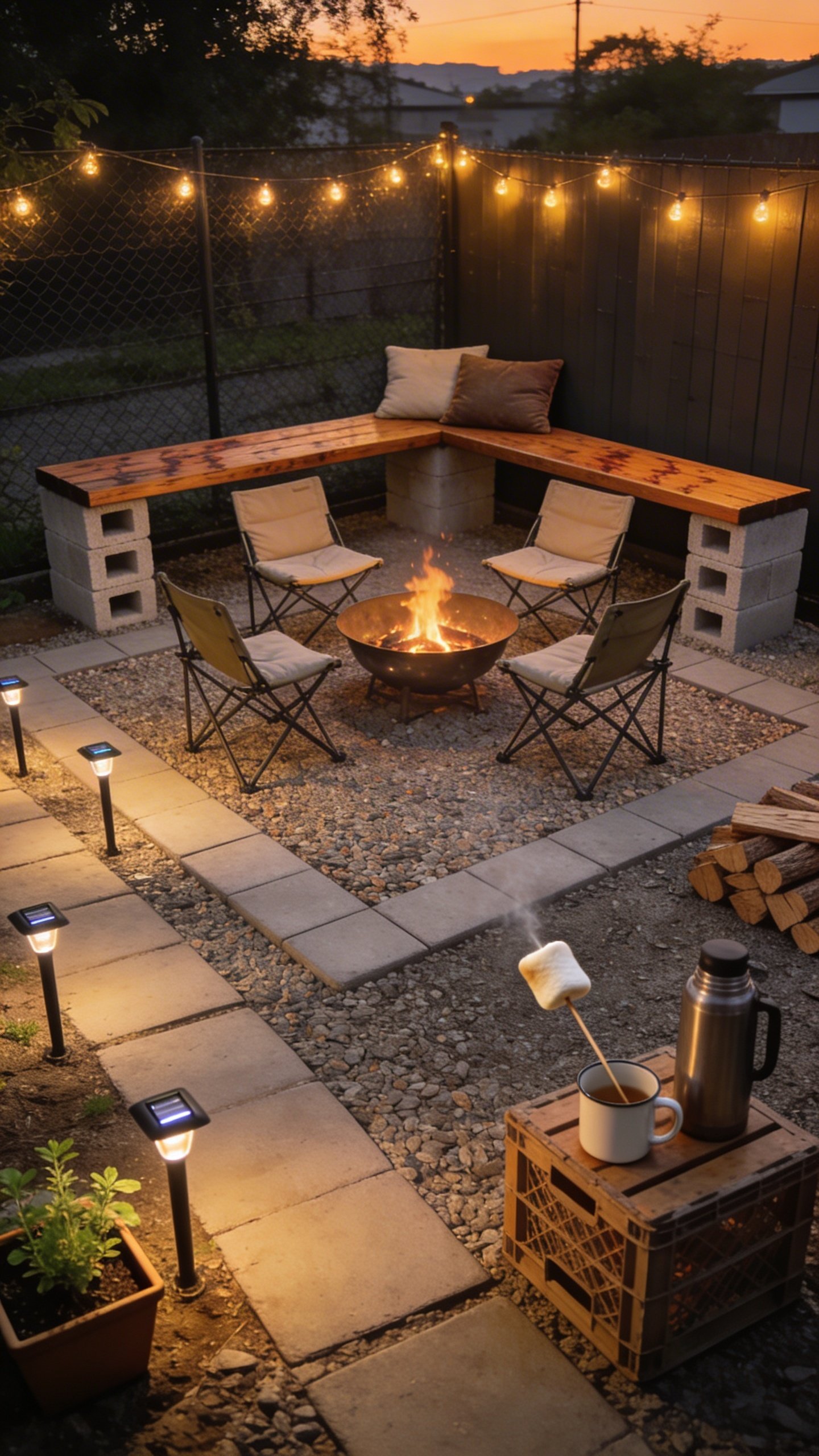 Dusk scene showing the build details of a budget lounge: a square gravel pad bordered by simple concrete pavers, with a compact steel fire bowl in the center, four foldable camping-style chairs with neutral cushions around it, and a DIY cinder block bench along one edge topped with a stained wood plank and outdoor cushions. Solar stake lights line the path; a small herb planter and a stack of neatly cut firewood sit nearby. A marshmallow on a skewer hovers over the flames on a crate side table with enamel mugs and a thermos. Warm, inviting lighting; subtle glow from string lights attached to a fence; no text, no people.