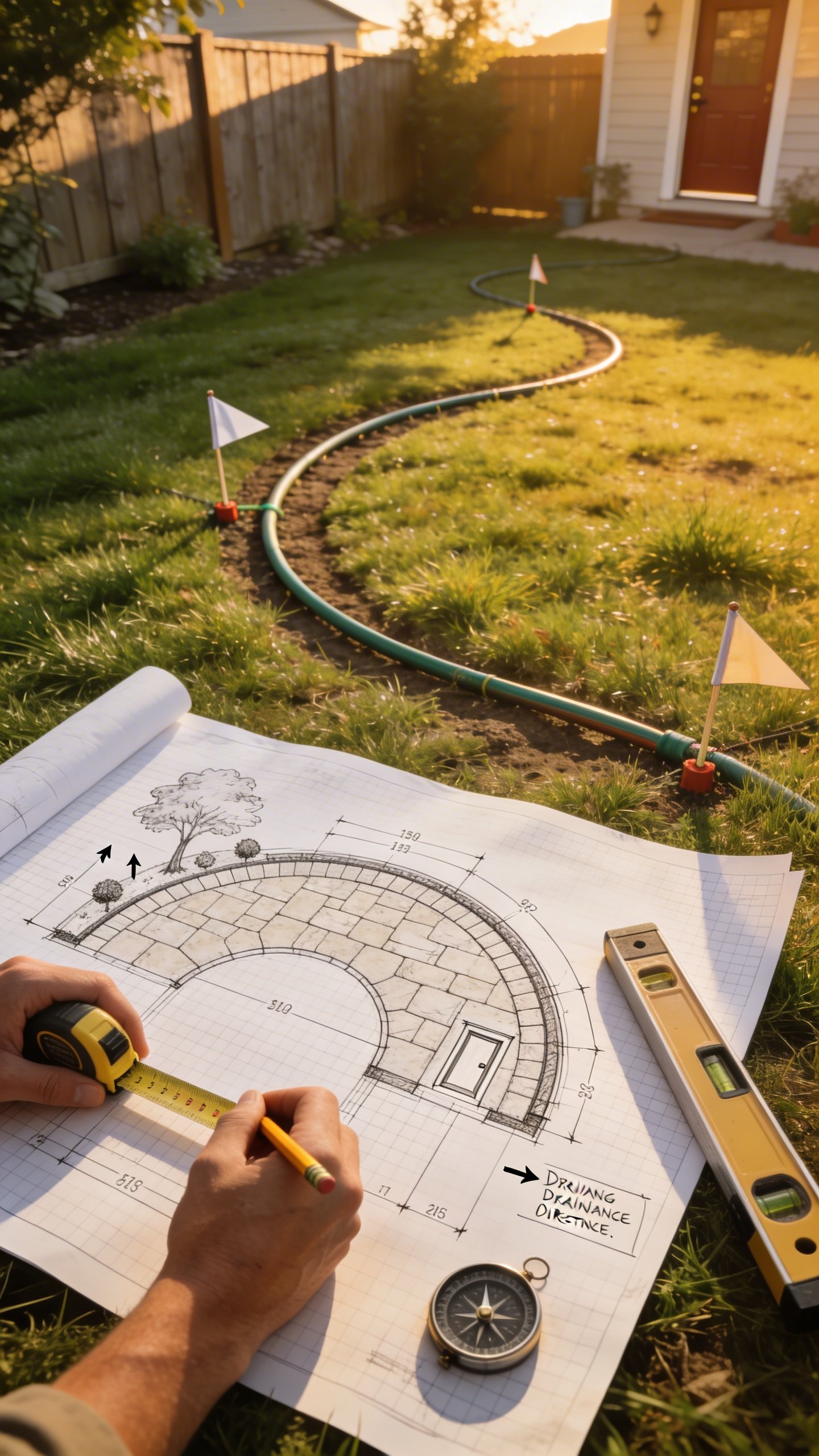 Overhead view of a small backyard being planned for a DIY gravel patio: a person’s hands holding a pencil and tape measure over a rough sketch on graph paper showing a curved patio outline, dimensions, slope arrows, doors, existing tree locations, and a note about drainage direction. Surrounding items include landscape flags marking corners in the grass, a garden hose laid out to trace the curve, a level, and a compass. Late afternoon light, realistic textures, suburban fence line and house doorway visible in background, no text.