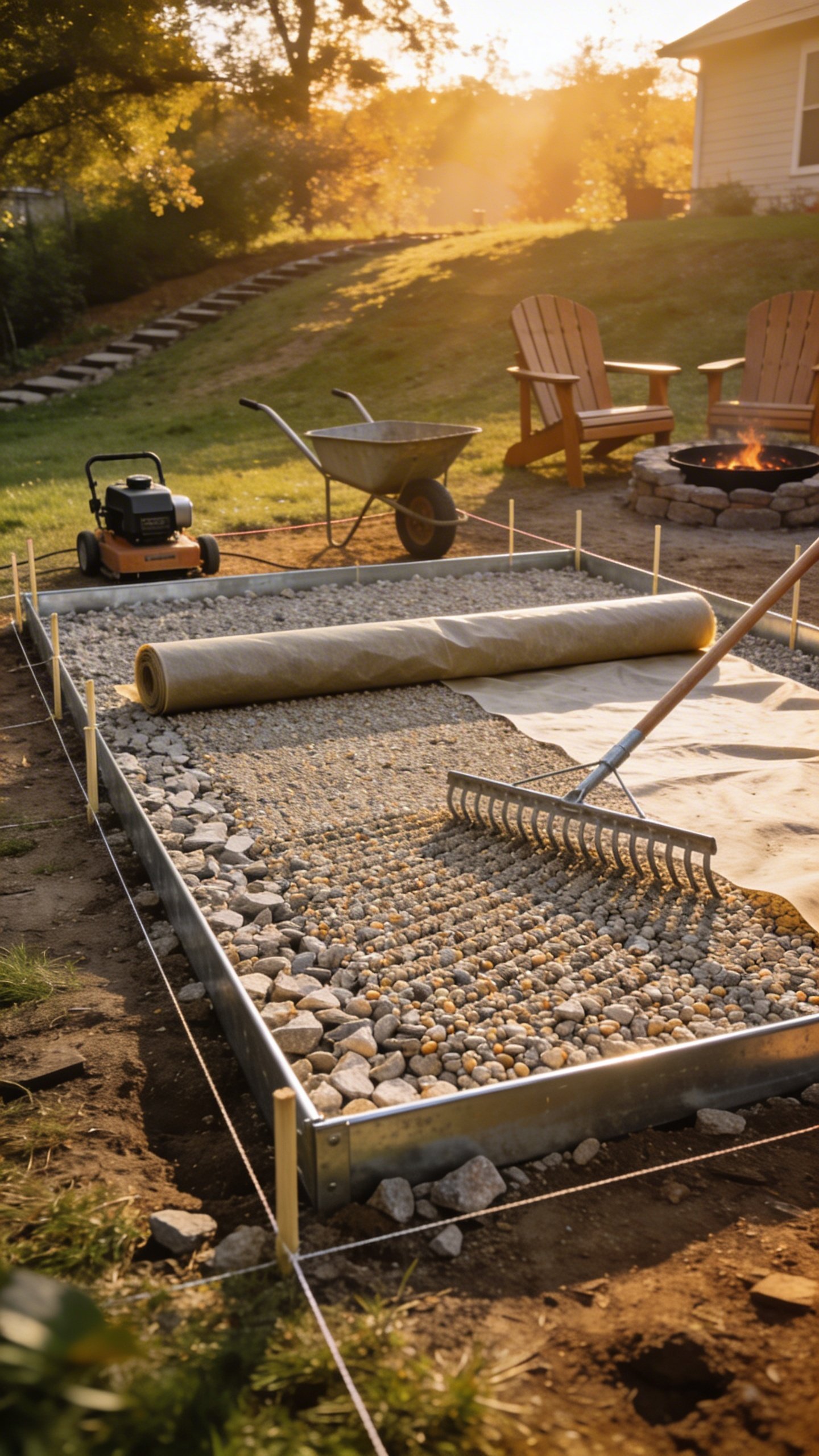 In-progress DIY gravel patio installation in a backyard: rectangular patio area with metal edging installed, compacted base layer of crushed stone, a landscape fabric roll partially unrolled, and fresh pea gravel being raked evenly with a steel garden rake. A plate compactor and wheelbarrow nearby, string lines and stakes defining the perimeter, gentle yard slope visible for drainage. Cozy touches staged at the edge— Adirondack chairs and a low fire pit waiting to be moved in. Golden hour lighting, high-realism.