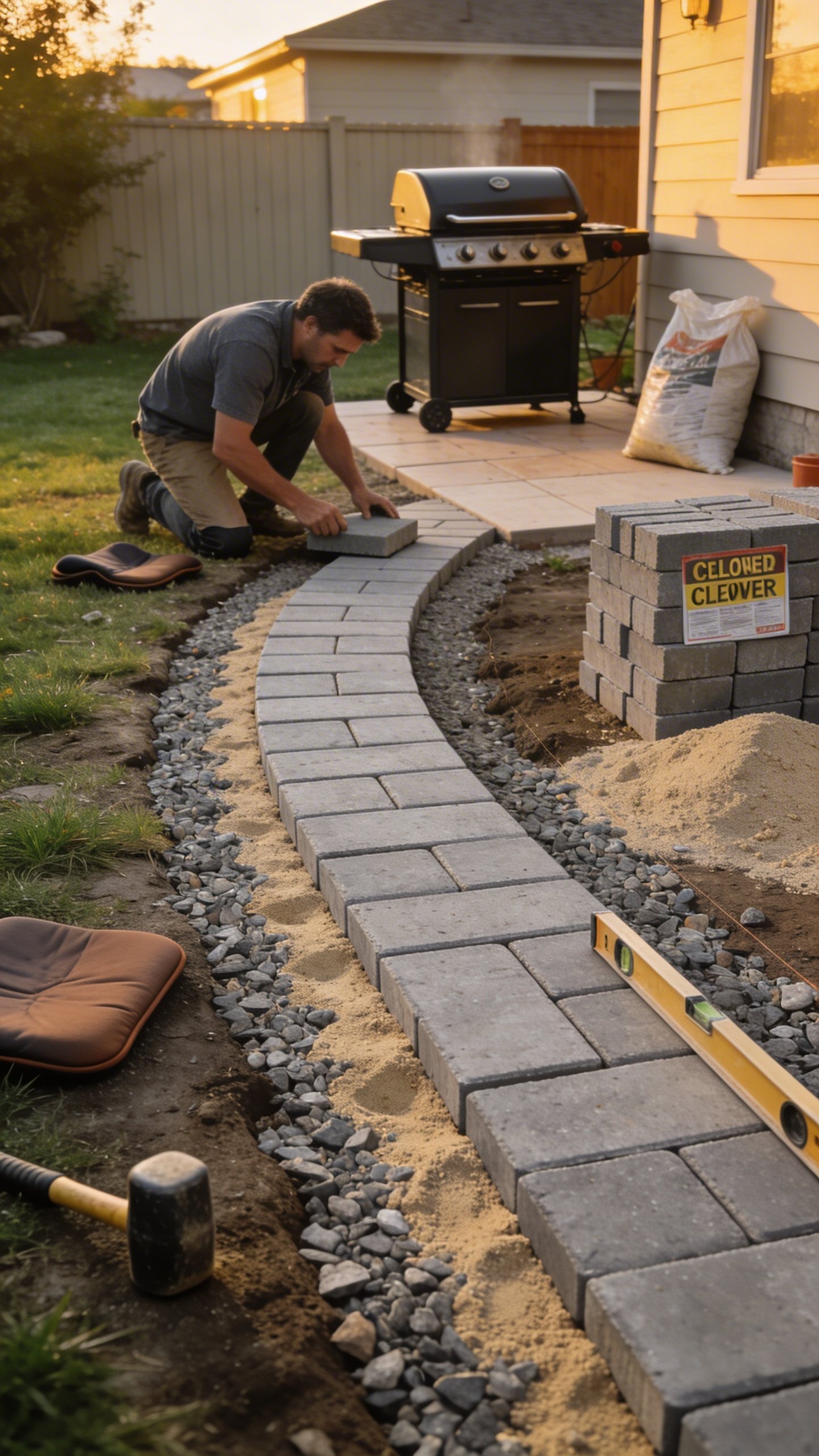 A DIY backyard scene showing a homeowner laying affordable concrete pavers along a previously muddy path leading to a grill on a small patio. The path is partially completed, with compacted gravel base and a layer of sand visible where pavers haven’t been set yet. The pavers are simple gray rectangles arranged in a running bond pattern, with a rubber mallet, level, and kneeling pads nearby. Surroundings include a modest lawn, a fence, a bag of sand, and a stack of discounted pavers with a clearance sticker. Early evening light, realistic, no text.
