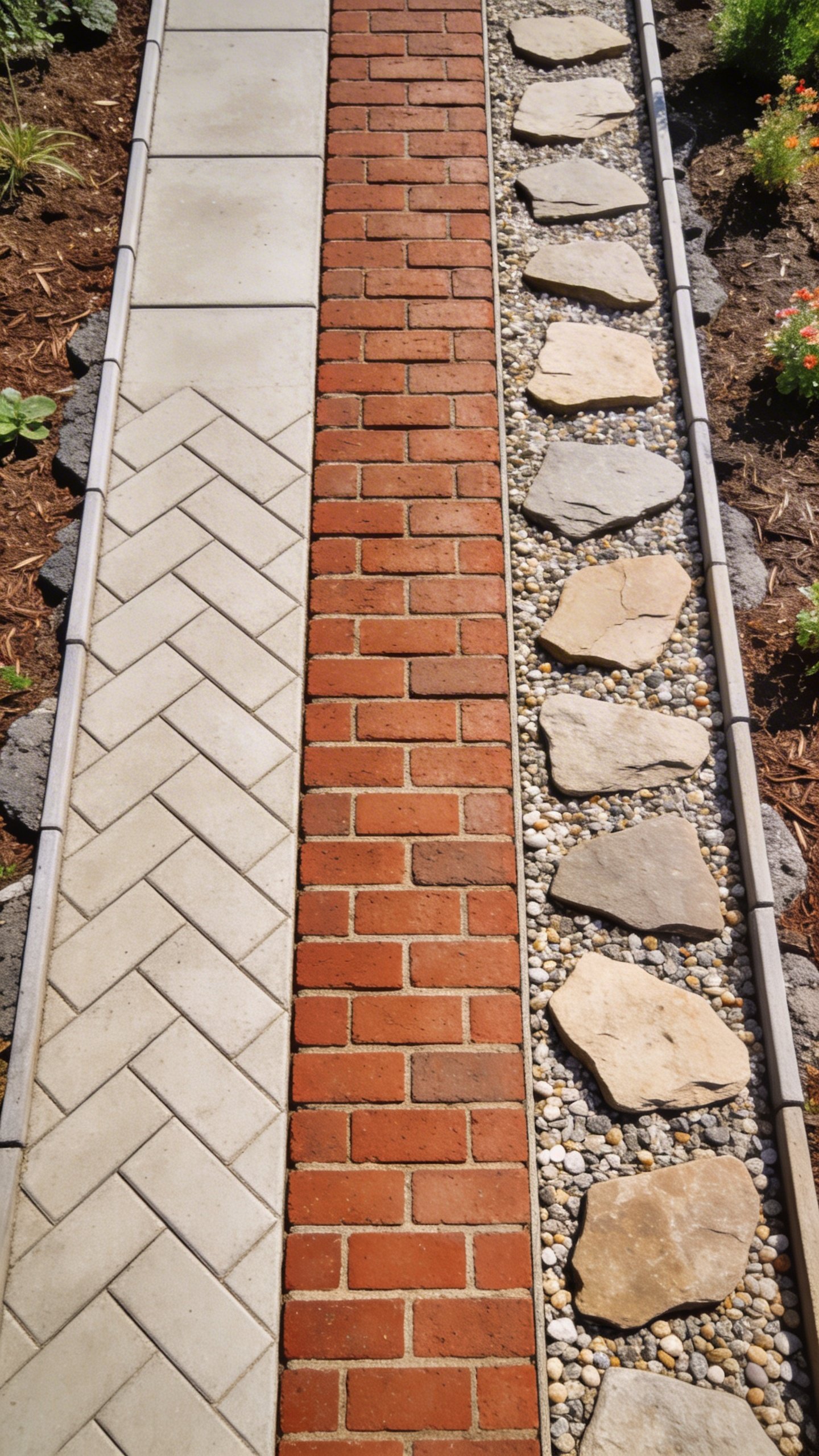 A top-down, step-by-step styled composition showing three budget-friendly walkway options side by side in the same yard: left panel features concrete pavers in a clean herringbone pattern; middle panel shows classic red brick pavers in a stretcher bond; right panel displays widely spaced irregular stepping stones with pea gravel between. Each panel includes edge restraint on the sides, compacted base layers subtly visible at the edges, and a simple garden border with mulch and small perennials. Natural daylight, crisp detail, no text.