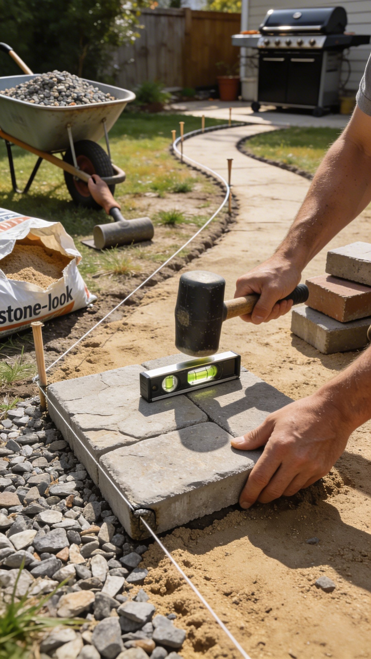 A close-up action shot of hands leveling a cheap “stone-look” concrete paver into a sand bed over compacted gravel, with a rubber mallet tapping a corner and a small bubble level resting on top. In the background, a wheelbarrow with mixed gravel, a hand tamper, and a string line with stakes mark a gentle curve toward a backyard grill area. The yard looks real and budget-friendly: patchy grass, a bag of paver sand cut open, and a few mismatched clearance pavers stacked nearby. Warm afternoon light, high realism, no text.
