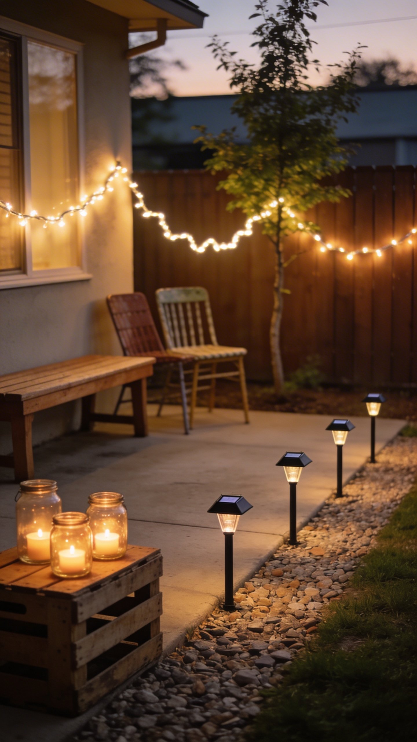 Dusk backyard patio scene on a tight budget: a small concrete patio with a simple wooden bench and two mismatched chairs, warm-white LED string lights (20–30 ft) zigzagged between a fence and a small tree, four solar stake lights lining a short gravel path, and three glass jars on a crate side table each glowing with tea lights; soft amber ambiance, no text, realistic photography style, shallow depth of field, cozy boutique-hotel vibe achieved with inexpensive items.