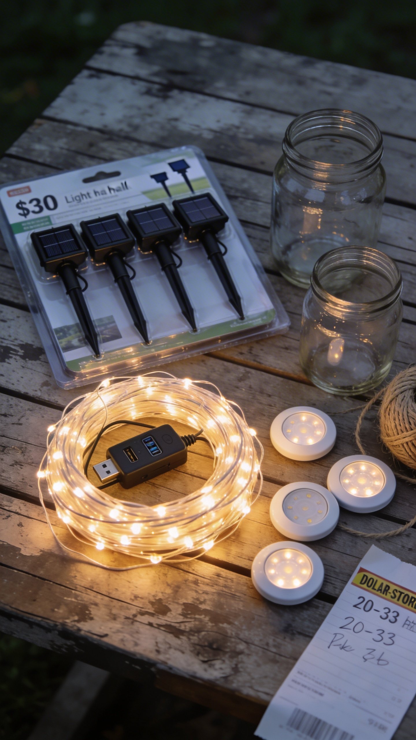Overhead flat lay of a $30 lighting haul on a weathered wooden table: unopened pack of 4–6 black solar stake lights with small panels, a coil of warm-white LED string lights (20–33 ft) with USB or battery pack visible, a few LED puck lights next to two empty mason jars and twine, a handwritten-looking shopping receipt corner peeking in (no readable text), plus dollar-store price stickers; natural evening light, clean composition, no text overlay, realistic product photography.