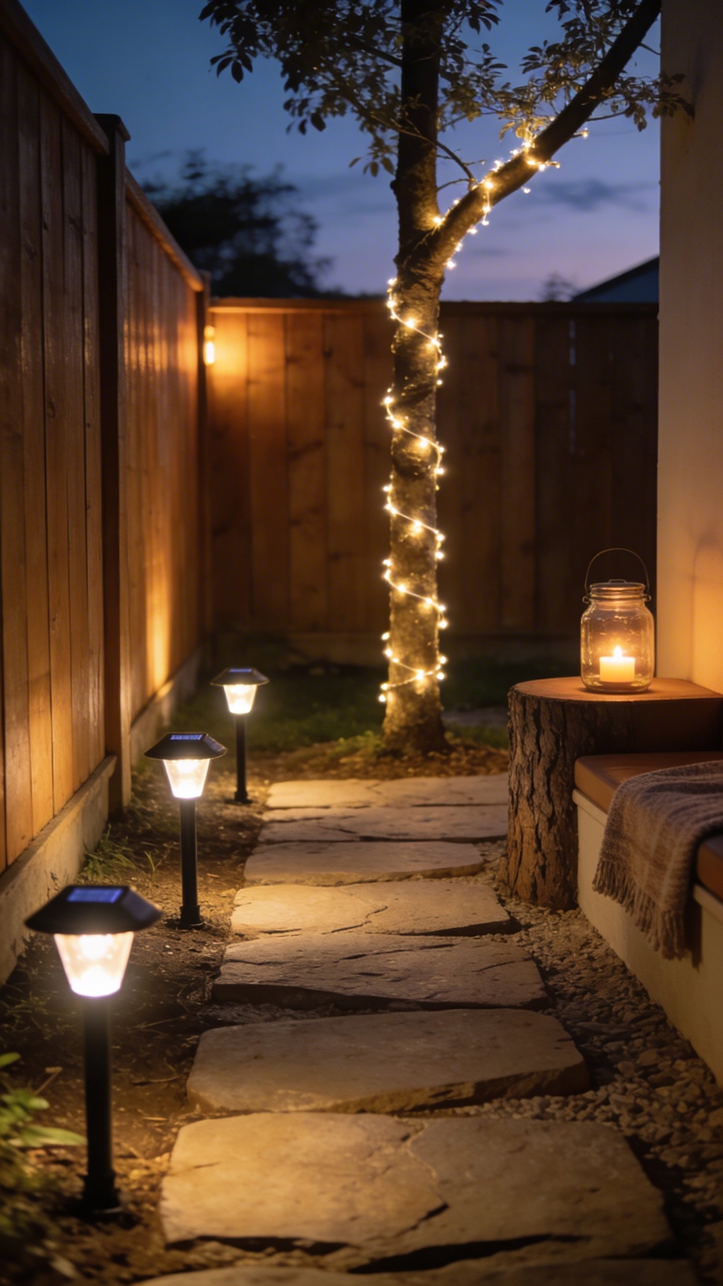 Narrow backyard walkway at twilight with a clear focal goal: safe path lighting and a “wow” tree accent. Four solar stake lights evenly spaced along a stepping-stone path, warm-white string lights spiraled up a small ornamental tree trunk and along one branch, subtle glow on a nearby wooden fence, a single lantern jar with a tea light on a low stump beside a compact seating nook; soft, warm tones, realistic night photography, no text, inviting budget-friendly atmosphere.