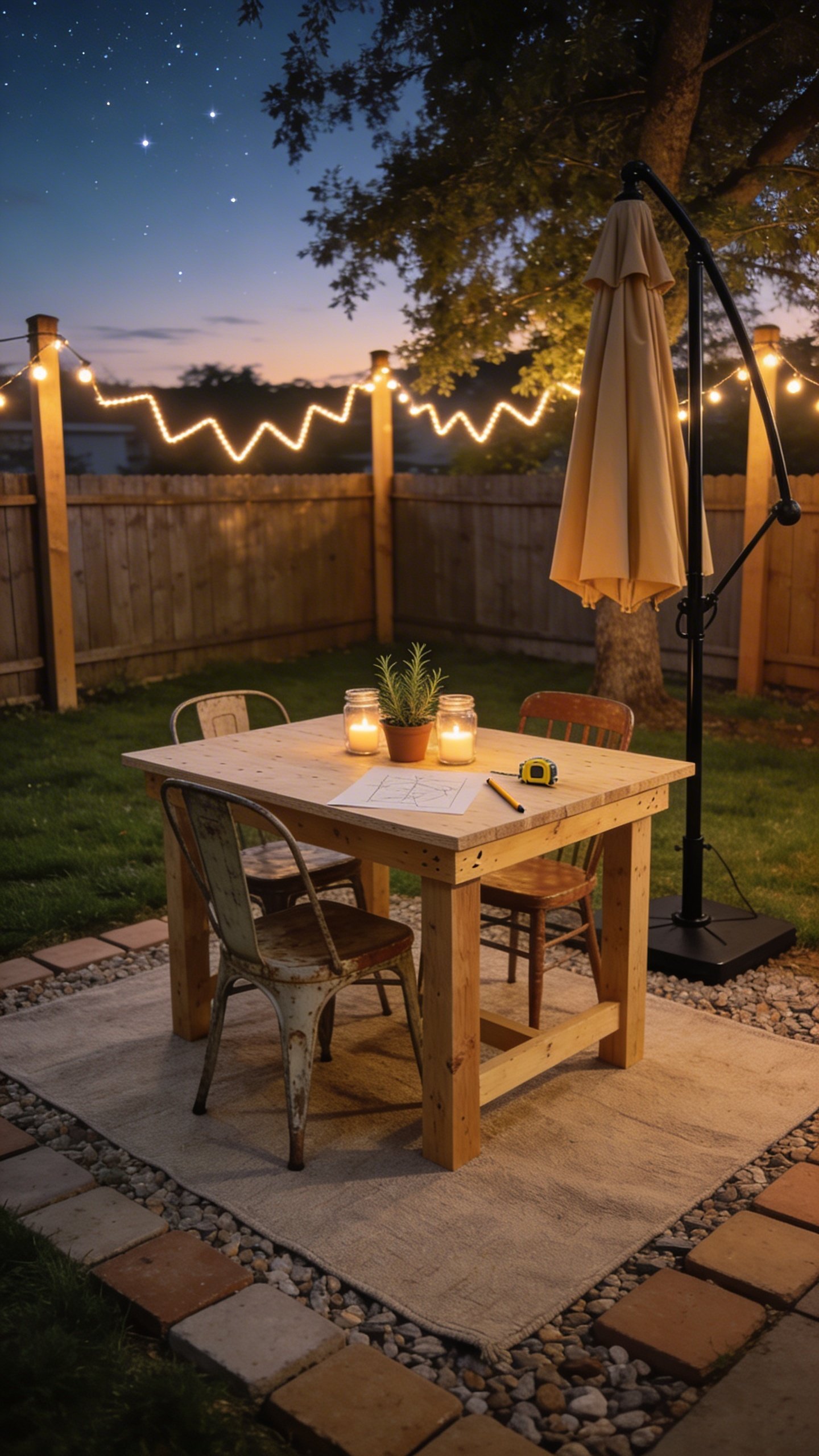 Twilight backyard scene of a budget-friendly 8x8 outdoor dining setup on a small, level patch of lawn: simple DIY rectangular table made from unfinished 2x4s and a sanded plywood top, paired with four mismatched thrifted chairs; gravel perimeter outlined with inexpensive pavers; a neutral outdoor rug centered under the table; a black metal umbrella stand with a plain beige umbrella providing shade; warm Edison string lights zigzagged between two fence posts and a tree; a tape measure and pencil on the table next to a simple sketch; low-cost mason jar candles, a small potted rosemary plant centerpiece; soft golden hour lighting with visible stars beginning to appear; no text.