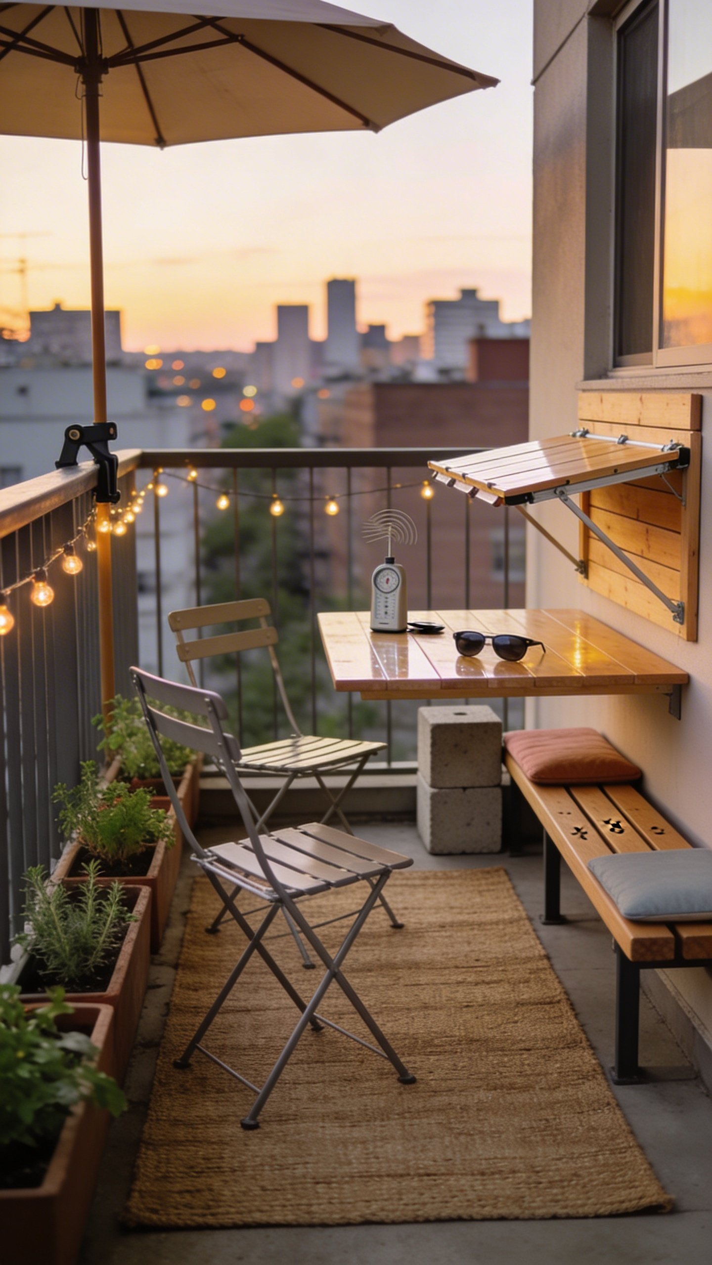 Compact balcony dining zone, scaled to 6x6 feet: narrow apartment balcony with concrete floor covered by a budget jute-look outdoor rug; DIY foldable wall-mounted drop-leaf table made from pine boards, finished with clear sealant; two lightweight stacking metal chairs; a small, clamp-on umbrella at one corner for shade; simple cinder block and 2x8 bench along the rail with seat cushions; a handheld anemometer and sunglasses on the table to suggest checking sun and wind; planters with herbs lining the edge; string lights along the railing; early evening city backdrop; no text.