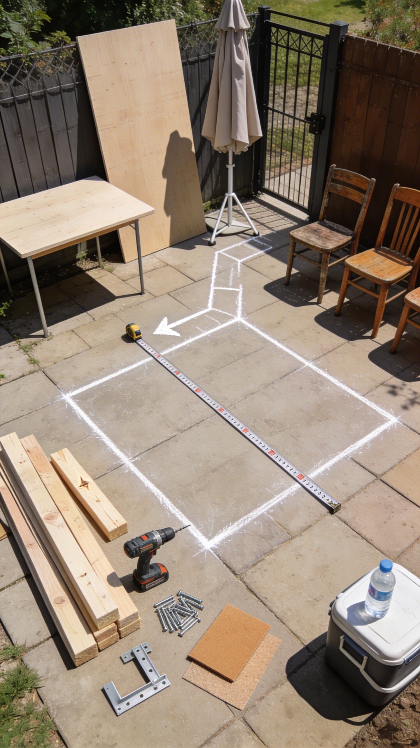 Step-by-step planning vignette on a suburban patio, midday: overhead view of an 8x8 chalked square on pavers marking the footprint; a measuring tape stretched across, chalk arrows noting access path from a gate; a budget materials pile—2x4s, exterior screws, a basic drill/driver, sandpaper, L-brackets; a simple plywood tabletop leaning against a fence; a neutral umbrella lying folded beside a simple stand; four secondhand wooden chairs waiting; a small cooler and water bottle nearby; sun casting clear shadows to emphasize sun direction; tidy, realistic DIY scene; no text.