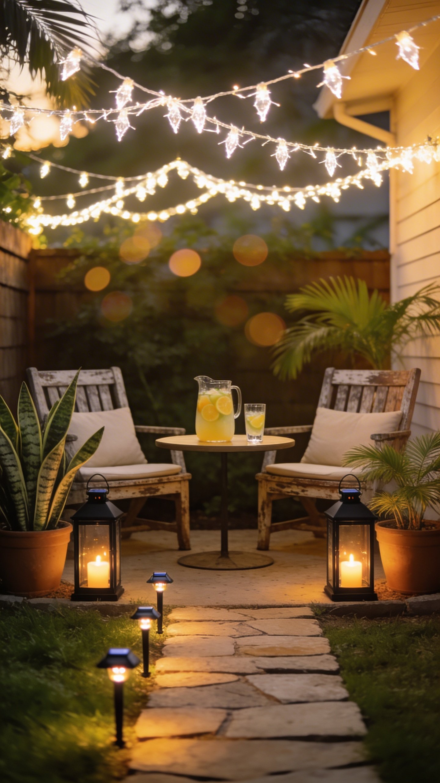 Twilight backyard scene transformed on a $150 budget: warm white shatterproof string lights zigzagged above a small patio, soft bokeh glow; a simple seating nook with two weathered wooden chairs and neutral outdoor cushions, a low round table holding a pitcher of citrus mocktails and two glasses; solar stake lights neatly lining a short flagstone path leading to the nook; a couple of matte black lanterns on the ground with flickering LED candles; lush potted plants (snake plant, small palm) grouped to define the “resort” boundary; no visible brand labels, no people, cozy tropical vibe, golden-hour sky, high-detail, natural color grading.