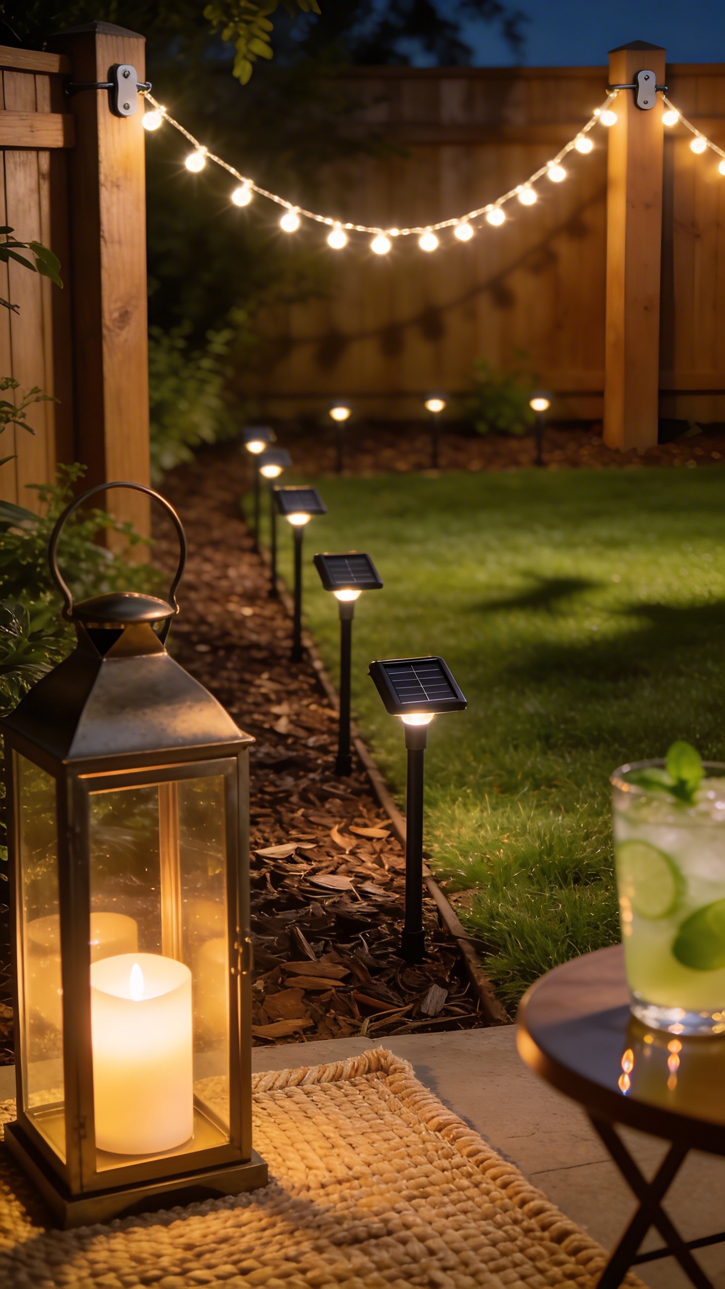 Close-up, evening detail shot of budget backyard lighting layers: foreground shows a matte metal lantern with a flameless LED candle glowing warmly beside a woven outdoor rug; behind it, solar stake lights evenly spaced along a mulched edge that frames a compact lawn; above, warm white string lights draped in a gentle zigzag between two wooden fence posts using discreet removable adhesive hooks; subtle reflections on a small side table with a mint-and-lime mocktail; soft-focus greenery and shadows, intimate resort ambiance, no text or people, high-resolution.