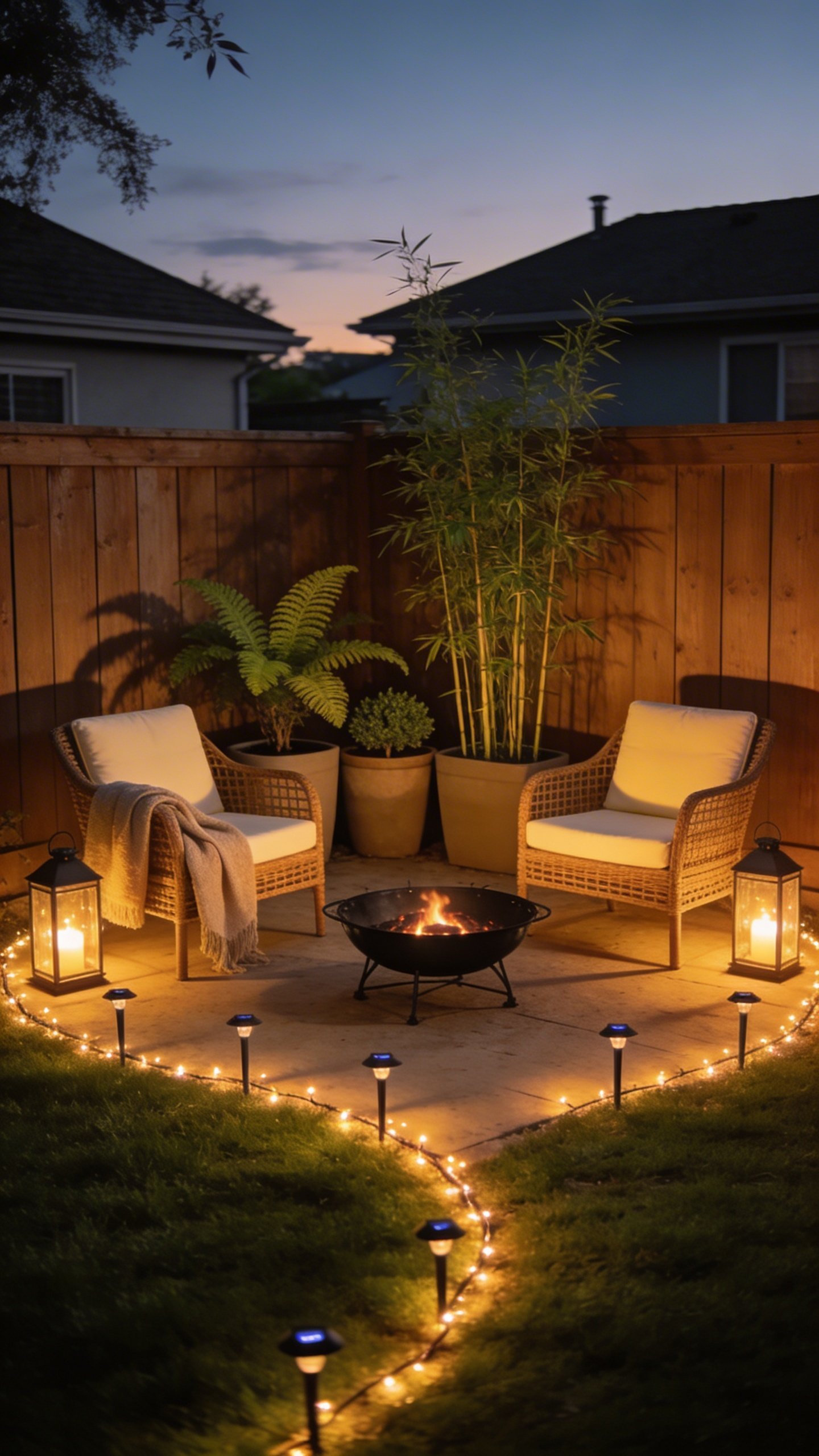 Before-and-after inspired wide shot at dusk of a small suburban backyard corner turned mini resort: after view only, featuring a defined seating zone—two rattan-style outdoor chairs with cream cushions facing a small black metal fire bowl (unlit), string lights outlining the perimeter, solar stakes creating a curved boundary, and grouped planters (ferns, dwarf bamboo) adding height; a neutral throw blanket draped on one chair; LED candle lanterns flanking the area; simple wooden fence background, tidy grass, warm cinematic lighting, inviting composition, no text or people.
