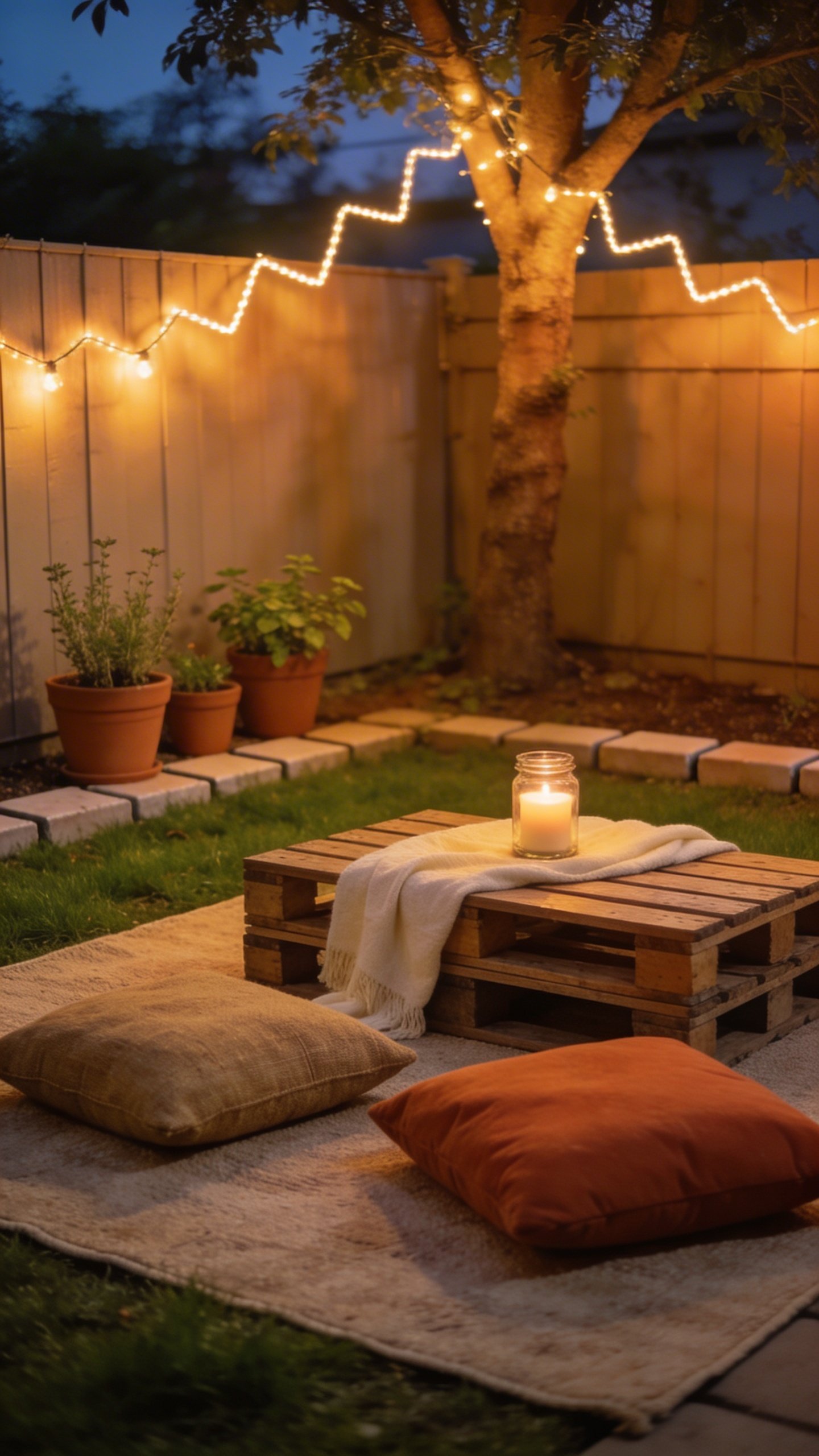 Twilight backyard corner transformed on a $75 budget: small patch of grass bordered by simple pavers, a low wooden pallet repurposed as a coffee table with a cream throw draped over it, two mismatched floor cushions in burlap and terracotta, a neutral outdoor rug defining the space, warm string lights zigzagging overhead from a fence to a tree, a few terracotta pots with inexpensive herb plants, and a single pillar candle in a glass jar on the pallet; warm, glowy, cozy vibe; no visible brand labels; realistic photography, shallow depth of field.