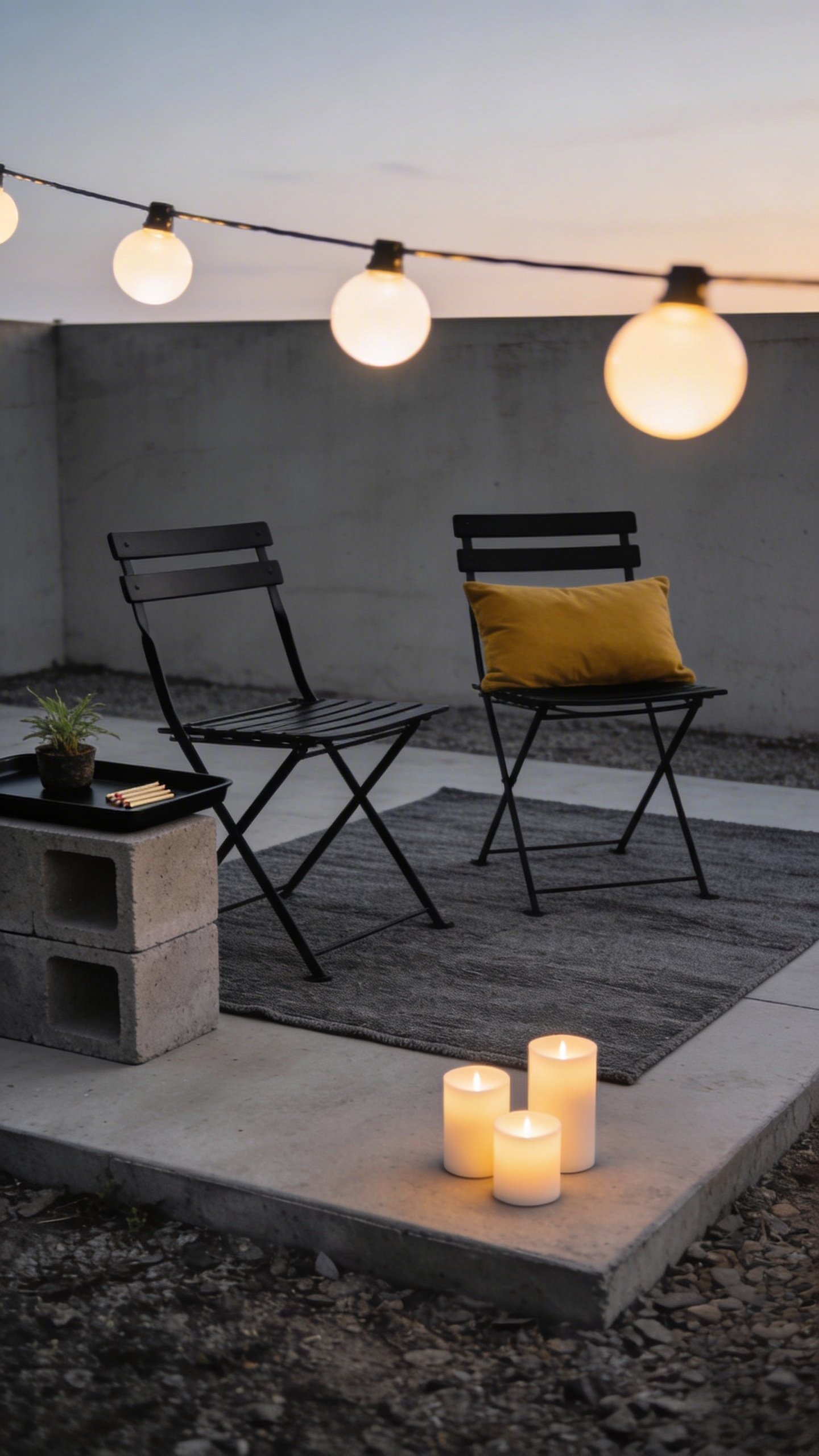 Minimal modern budget-friendly patio scene at dusk: compact concrete slab with a charcoal-gray outdoor rug, two black metal folding chairs with a single mustard accent pillow, a sleek black tray on a cinderblock side table holding a small plant and matches, a cluster of three inexpensive LED candles on the ground, and one strand of warm-white globe lights creating a clean line overhead; restrained color palette (black, gray, mustard); uncluttered, calm, magazine-style realism.