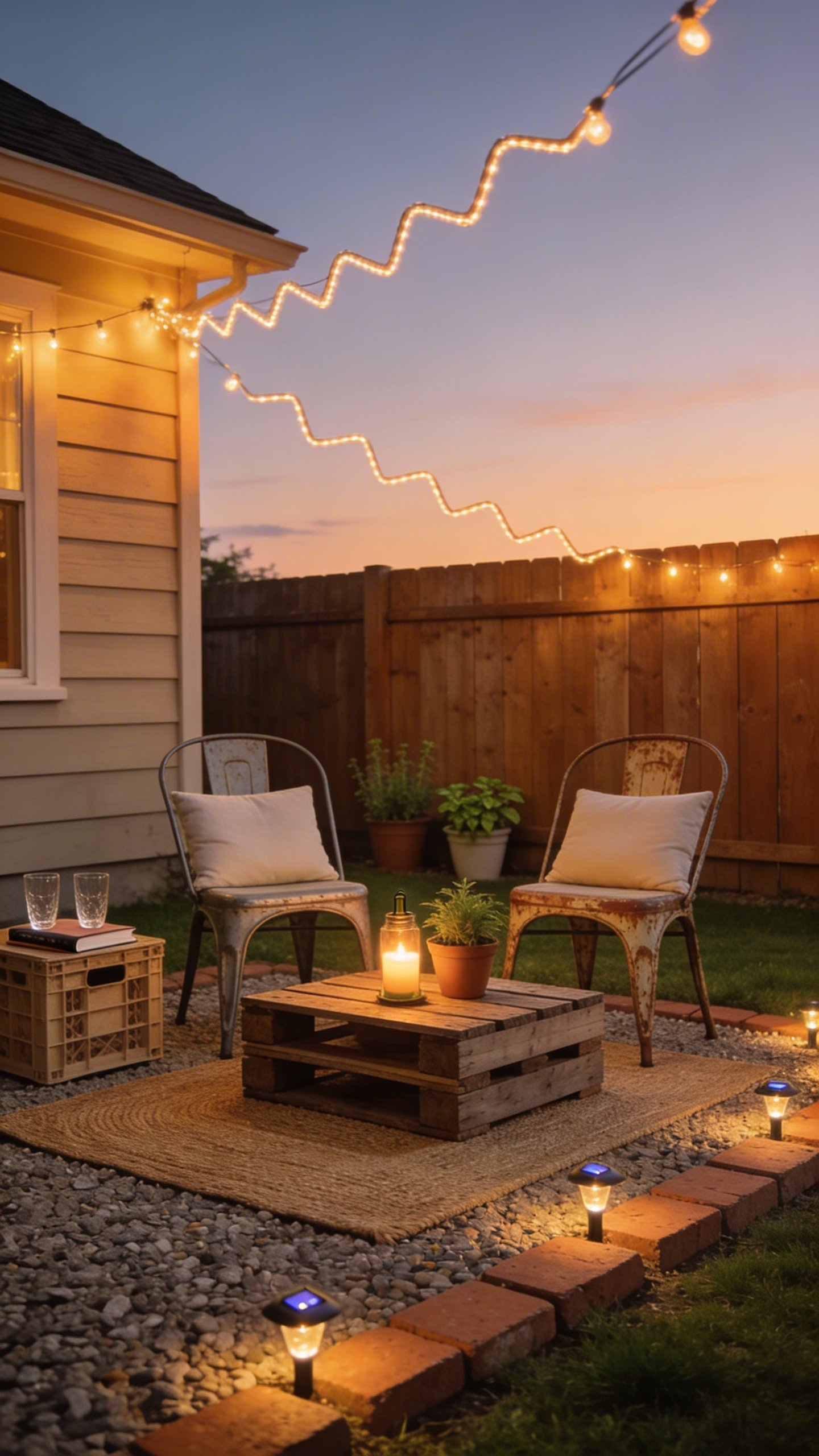 Dusk backyard scene showing a small, budget-friendly patio corner: two mismatched but charming thrifted metal chairs with fresh neutral outdoor cushions around a low DIY pallet coffee table topped with a citronella candle and a small plant; simple pea gravel surface edged with inexpensive brick pavers; warm string lights zigzagging overhead from the house to a fence; a woven outdoor rug anchors the seating; a crate side table holds two glasses and a book; subtle solar path lights along the edge; background shows a tidy lawn, a wooden fence, and a few potted herbs. No text, cozy, welcoming, realistic lighting.