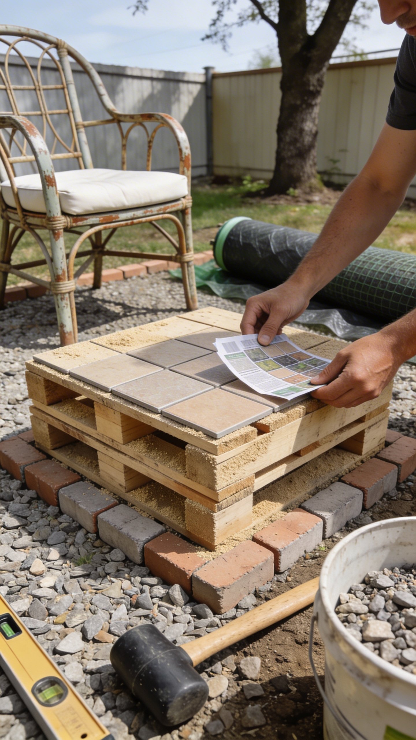 Daytime close-up of a DIY pallet deck build on a budget: stacked and sanded pallets forming a small platform on compacted gravel, edges trimmed with pavers; a person’s hands placing peel-and-stick outdoor tiles on top of the pallets; nearby are thrifted chair frames awaiting new seat cushions; a roll of geotextile weed barrier, a rubber mallet, a level, and a bucket of gravel visible; bright, natural light, clear step-by-step feel without text; background hints of a modest backyard with a fence and a tree.