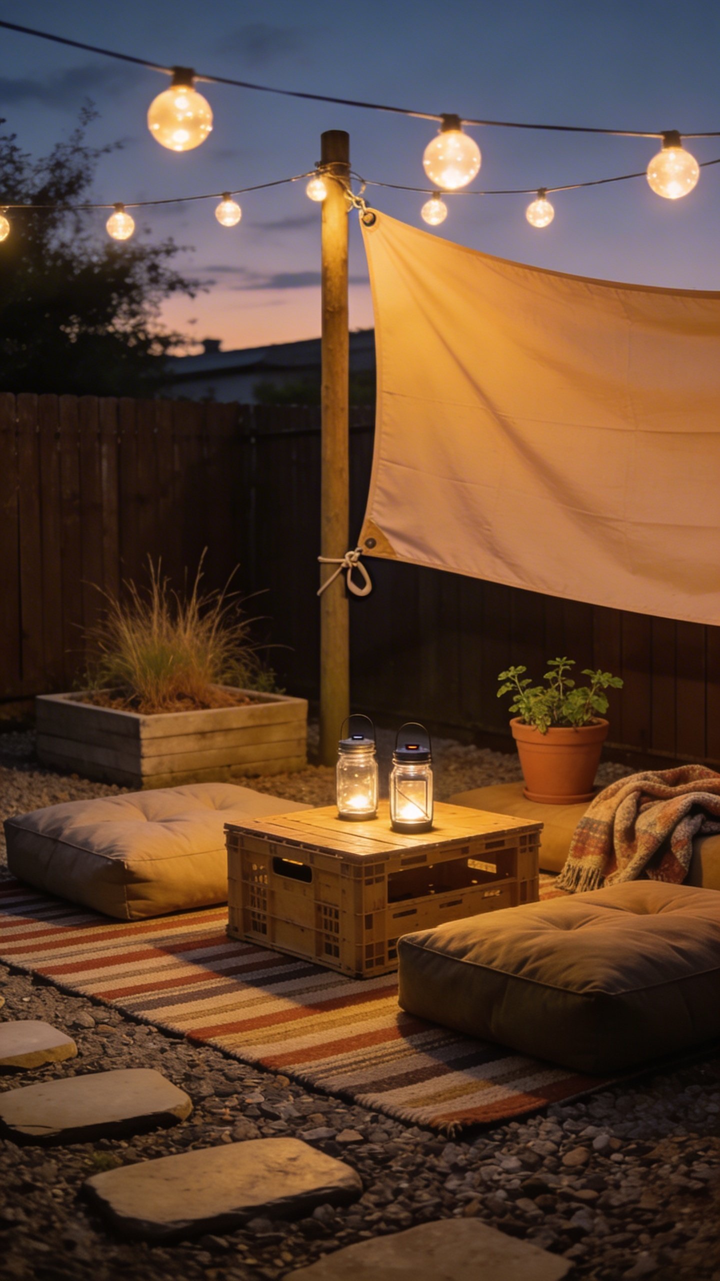 Twilight patio vignette emphasizing affordable lighting and comfort: floor seating with thick outdoor floor cushions and a low crate table on a striped outdoor rug; soft glow from globe string lights overhead and two mason-jar solar lanterns on the table; a simple gravel surface with stepping stones leading in; a compact planter with drought-tolerant grasses and a terracotta pot with herbs; a lightweight shade sail corner clipped to a fence post; a thrifted blanket draped nearby; warm, intimate atmosphere, realistic textures, no text.