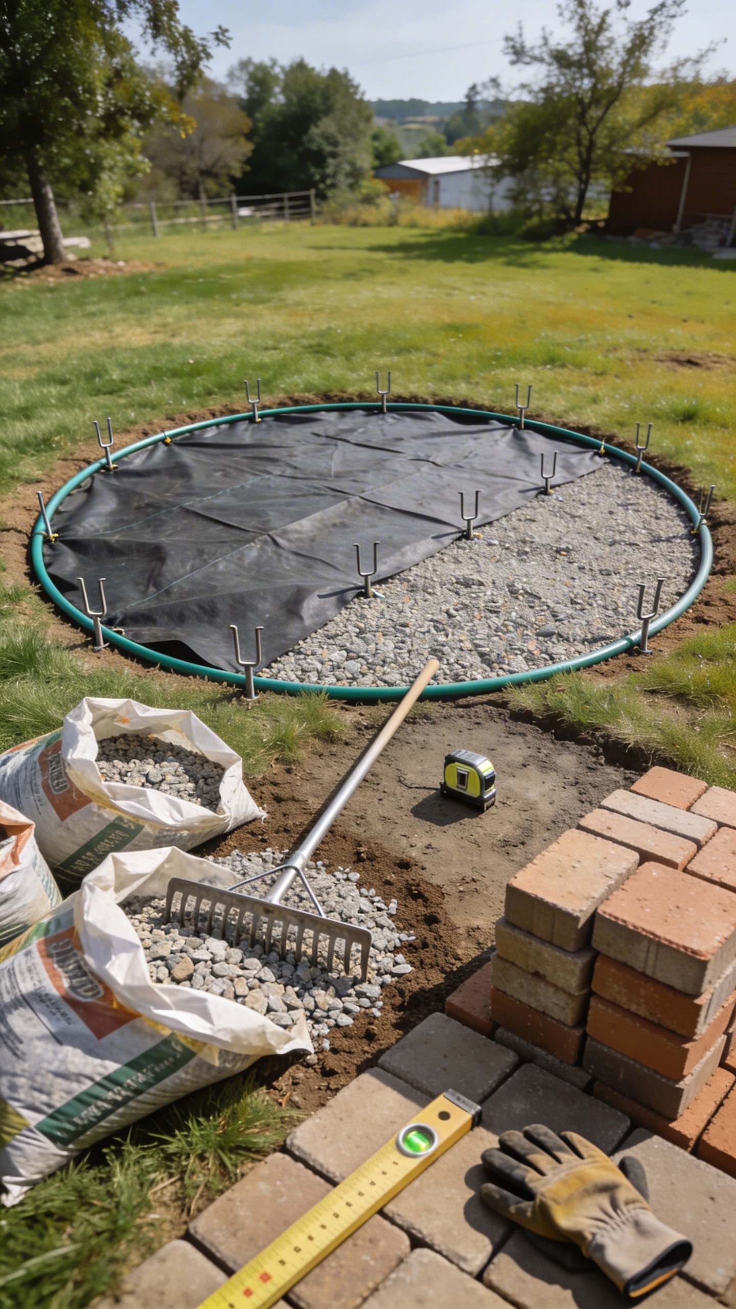 Daytime close-up, overhead angle of the build process: a marked-out circle on a flat lawn with a garden hose forming the outline; half the circle already covered in heavy-duty landscape fabric pinned with U-stakes; several bags of crushed granite open and partially spread with a metal garden rake; a small bubble level sitting on a compacted section; a stack of budget pavers/bricks ready to assemble into a ring; safety tape measure and work gloves in frame; trees and structures clearly beyond a wide clearance.