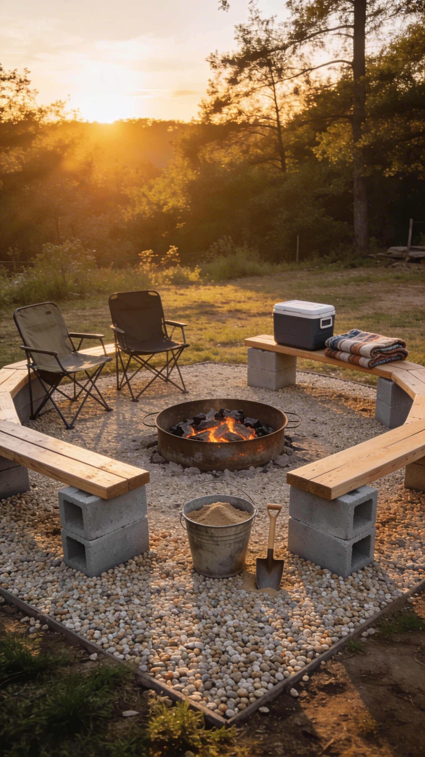 Sunset lifestyle shot of the finished budget setup: cinder-block-and-2x4 bench seating arranged in a semicircle on a tidy pea gravel pad; the cinder blocks in natural gray with smooth 2x4s spanning them; a metal fire ring centered with glowing coals; a bucket of sand and a small shovel nearby for safety; a couple of cheap marketplace camp chairs added for extra seats; a cooler and a folded blanket on the bench; no text or logos; warm golden light, soft shadows, and a safe open backdrop.