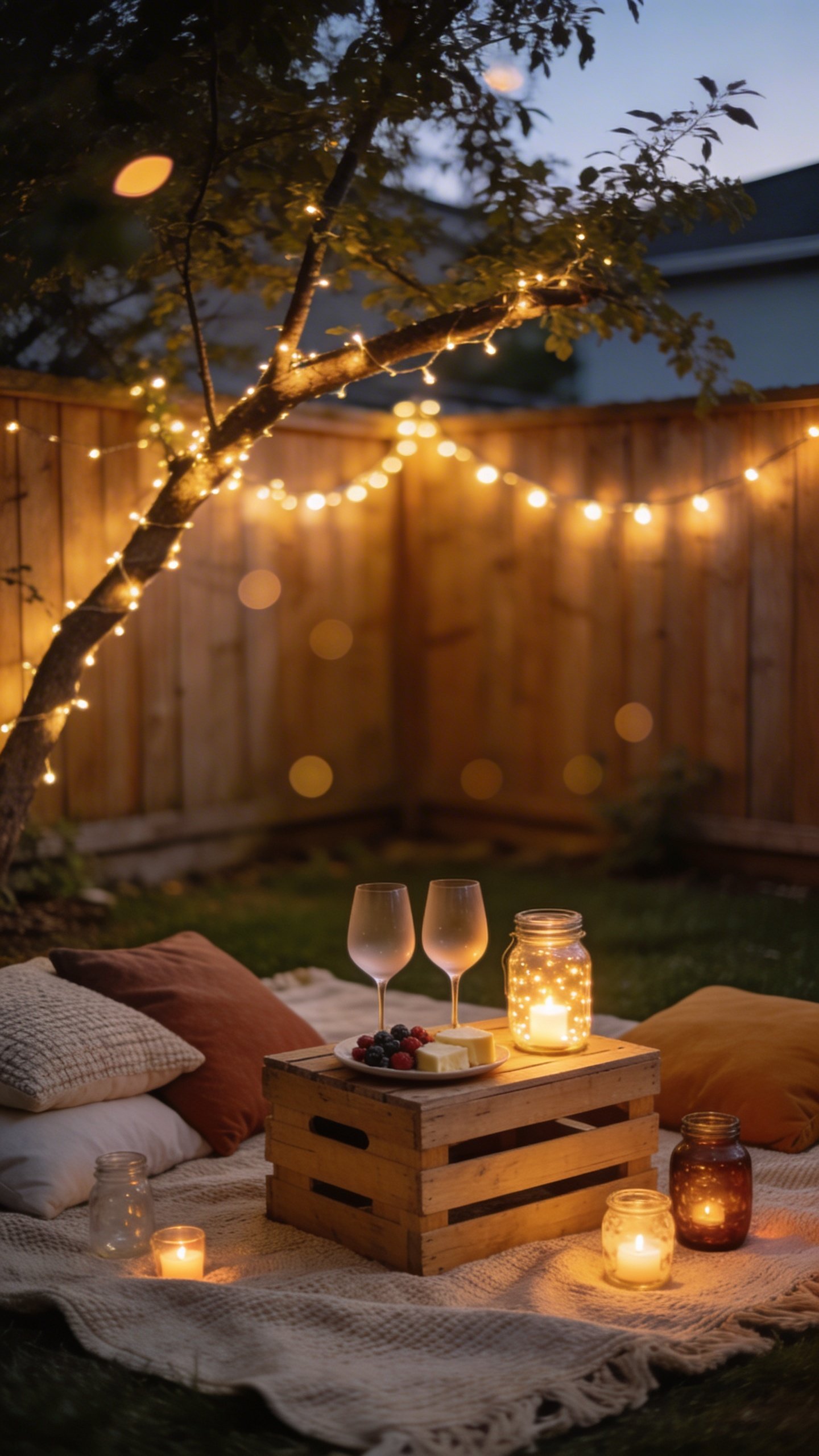 Dusk backyard date night scene on a small patio: warm white string lights draped along a wooden fence and over a low tree branch, soft golden glow; a cozy picnic setup on a neutral woven blanket with layered throw pillows in muted earth tones; a simple wooden crate used as a low table holding two stemless wine glasses, a small plate of berries and cheese, and a mason jar with LED tea lights; additional tea lights in mismatched glass jars scattered around; subtle bokeh lighting, no people, modern-romantic vibe, budget-friendly feel.