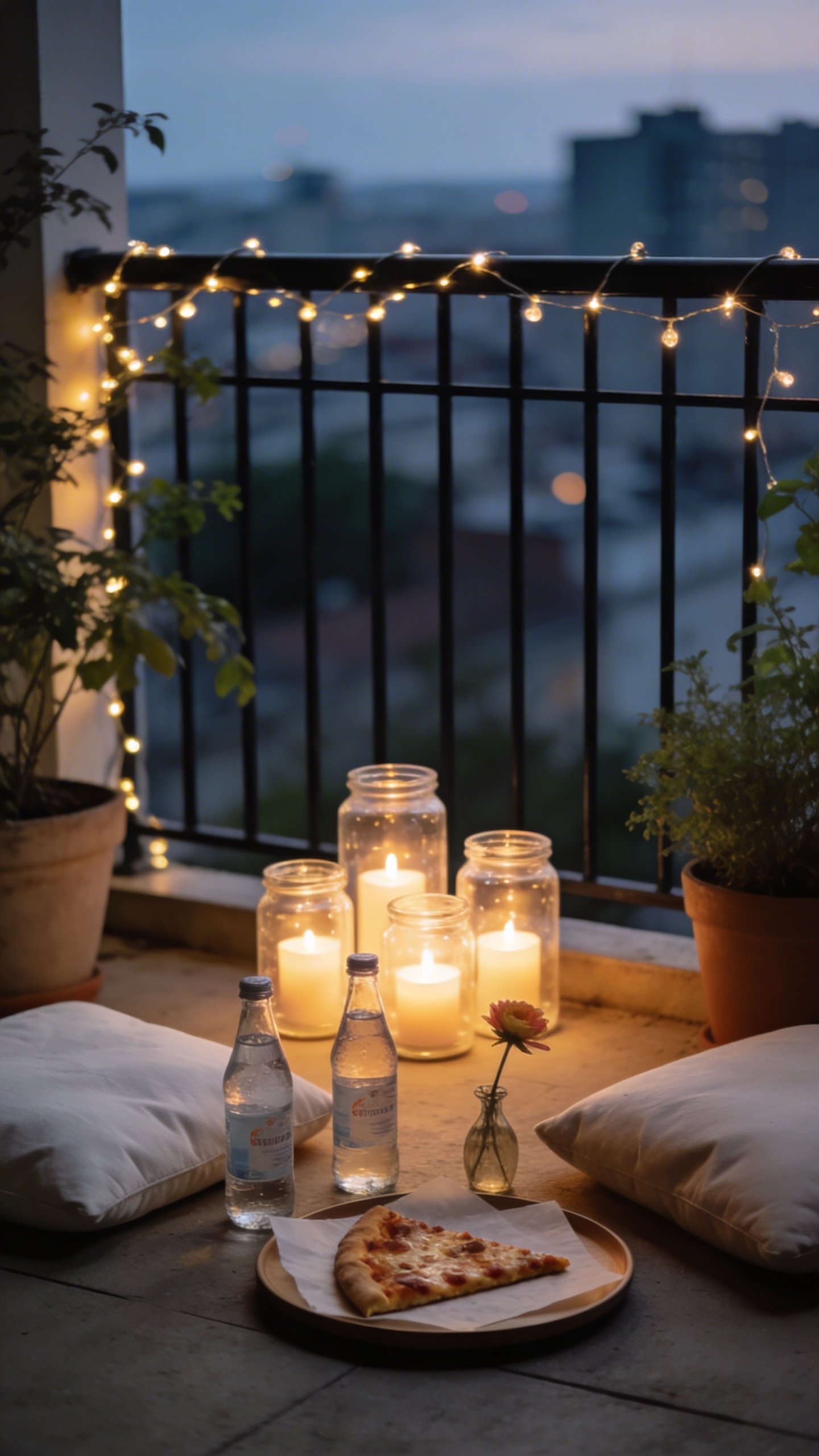 Balcony mini date setup at twilight: black metal railing wrapped with warm white fairy lights, gentle amber light; two floor cushions around a small round tray on the ground with a single-slice pizza on parchment, a couple of sparkling water bottles, and a tiny bud vase with one flower; several LED candles inside clear repurposed glass jars grouped in threes; potted plants framing the scene; city blur in background, intimate and minimalist composition.