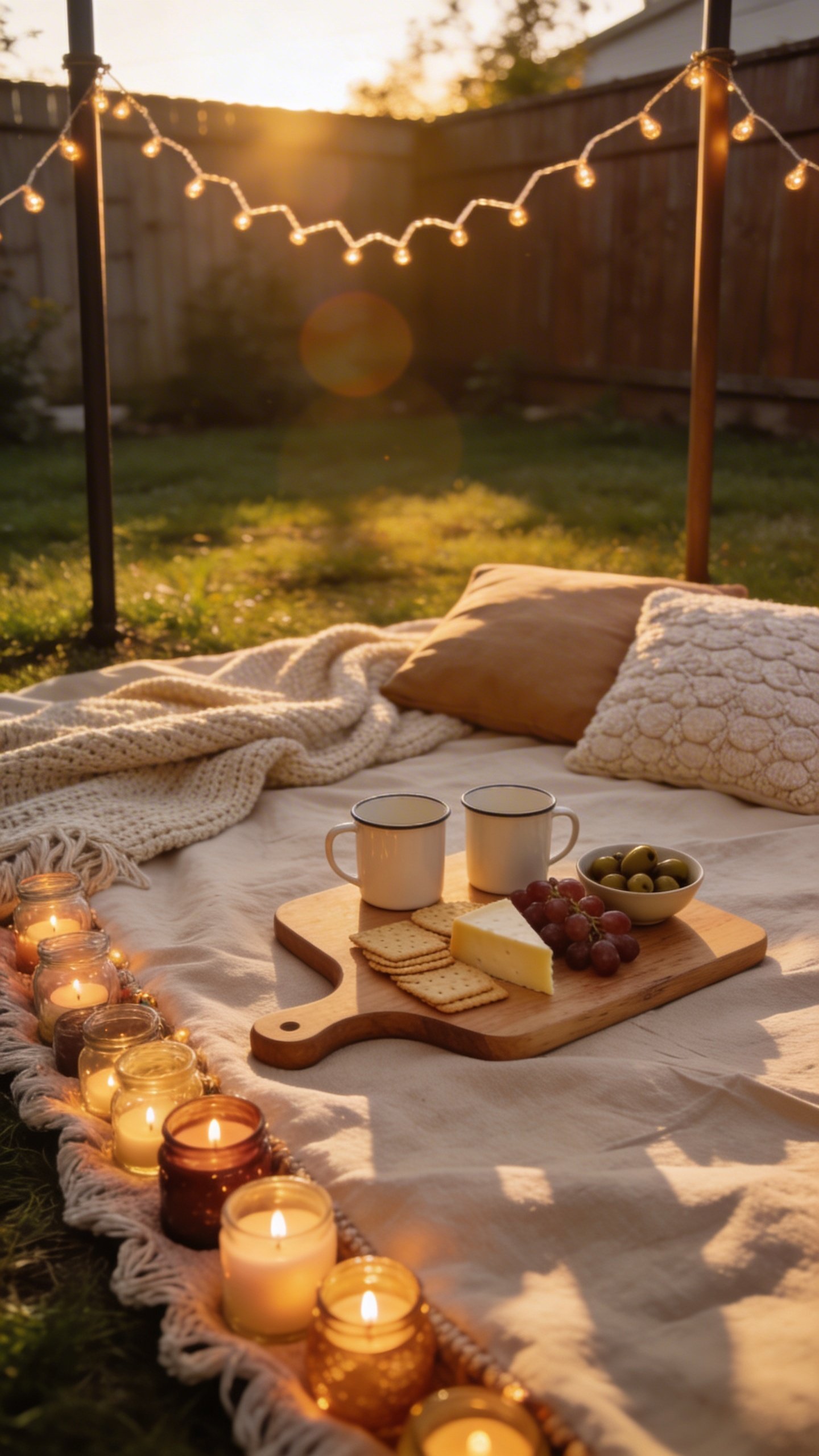 Backyard grass picnic at golden hour: string lights zig-zagging between two poles/fence posts, warm tone; neutral linen sheet as a base with a cozy knit throw and textured cushions; an upturned wooden cutting board as a makeshift table holding a simple charcuterie (crackers, cheese wedge, grapes), two enamel mugs, and a small bowl of olives; clusters of tea lights in assorted jars along the blanket edge; subtle lens flare, soft shadows, inviting and romantic atmosphere.