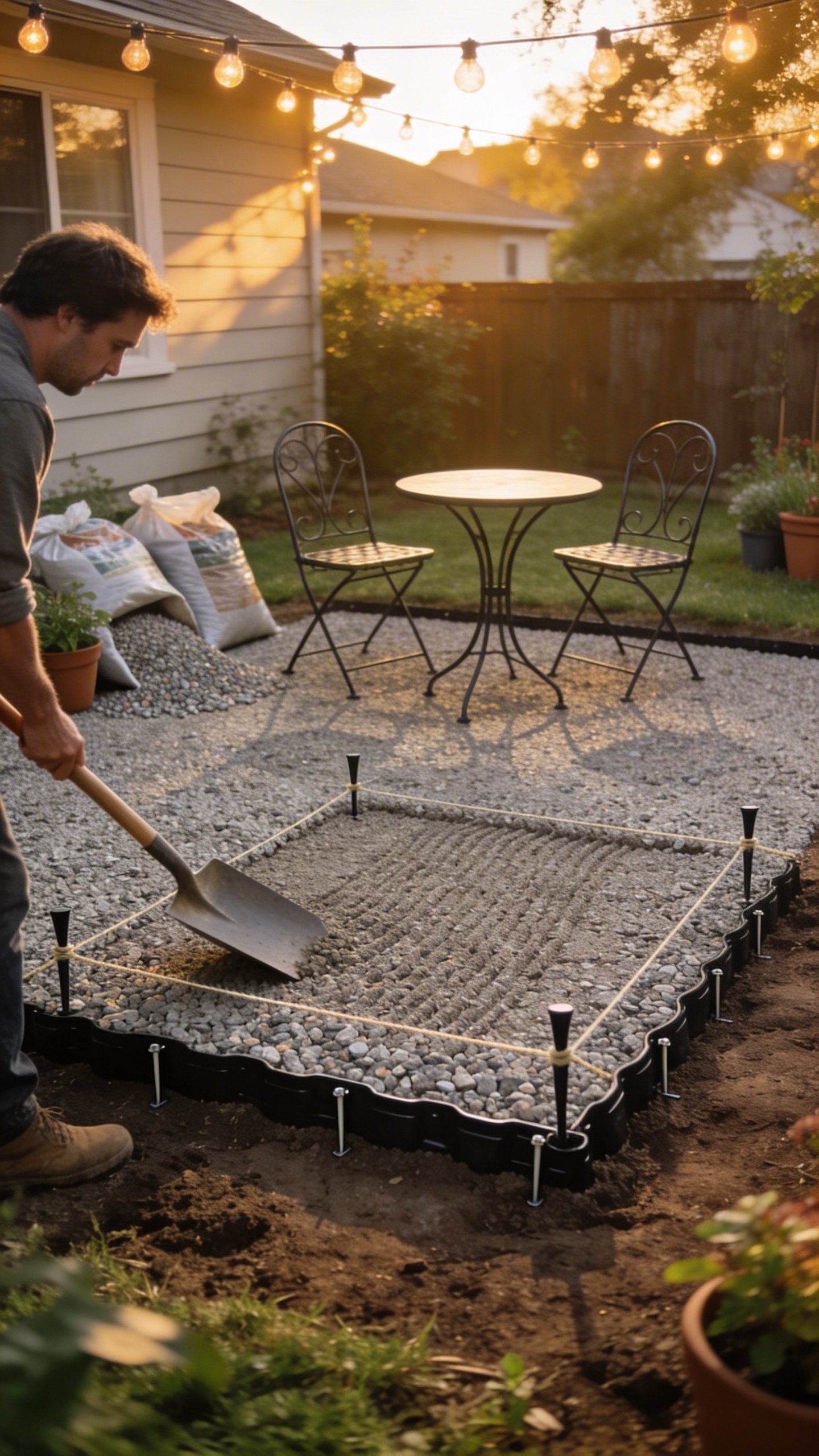 A cozy 6' x 8' backyard gravel patio being installed step-by-step: a small, rectangular area marked with twine and landscape stakes; a person using a flat shovel to remove sod to a shallow depth; a compacted, level dirt base; a simple black plastic edging being pinned with landscape spikes; bags of pea gravel being poured and raked smooth to about 2 inches deep; a minimal bistro set (two metal chairs and a small round table) placed on top; string lights overhead and a few potted plants around the edges; warm late-afternoon light; suburban backyard setting; no text.