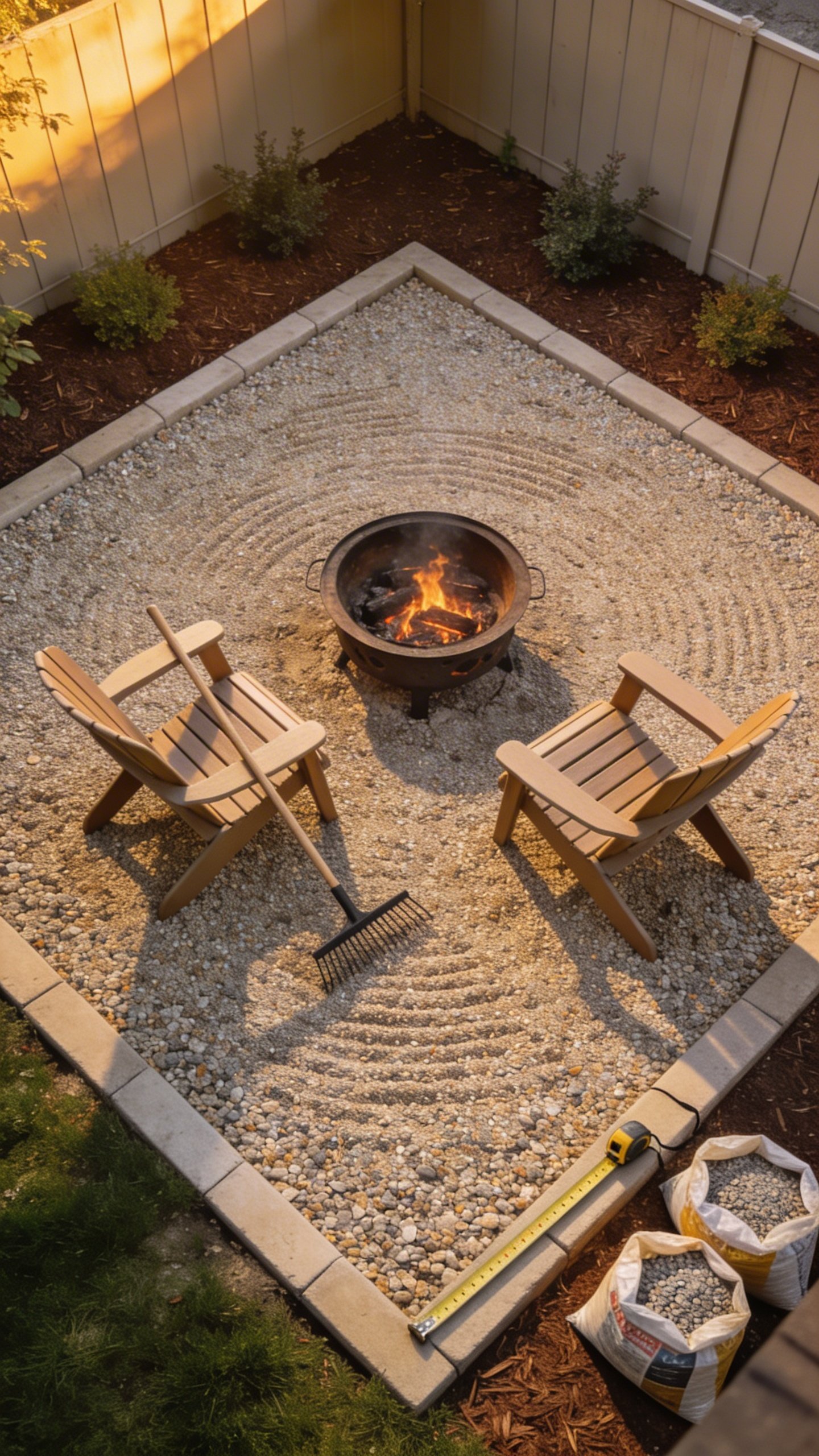 Overhead view of a budget-friendly 8' x 8' gravel patio in a small backyard corner: neat square shape with clean edging, pea gravel evenly raked, a portable fire pit centered with two Adirondack-style chairs angled toward it; a simple rake leaning on the edge; a tape measure and a couple of empty gravel bags off to the side; compact, tidy landscaping with mulch and low shrubs along a fence; soft golden hour lighting; no text.