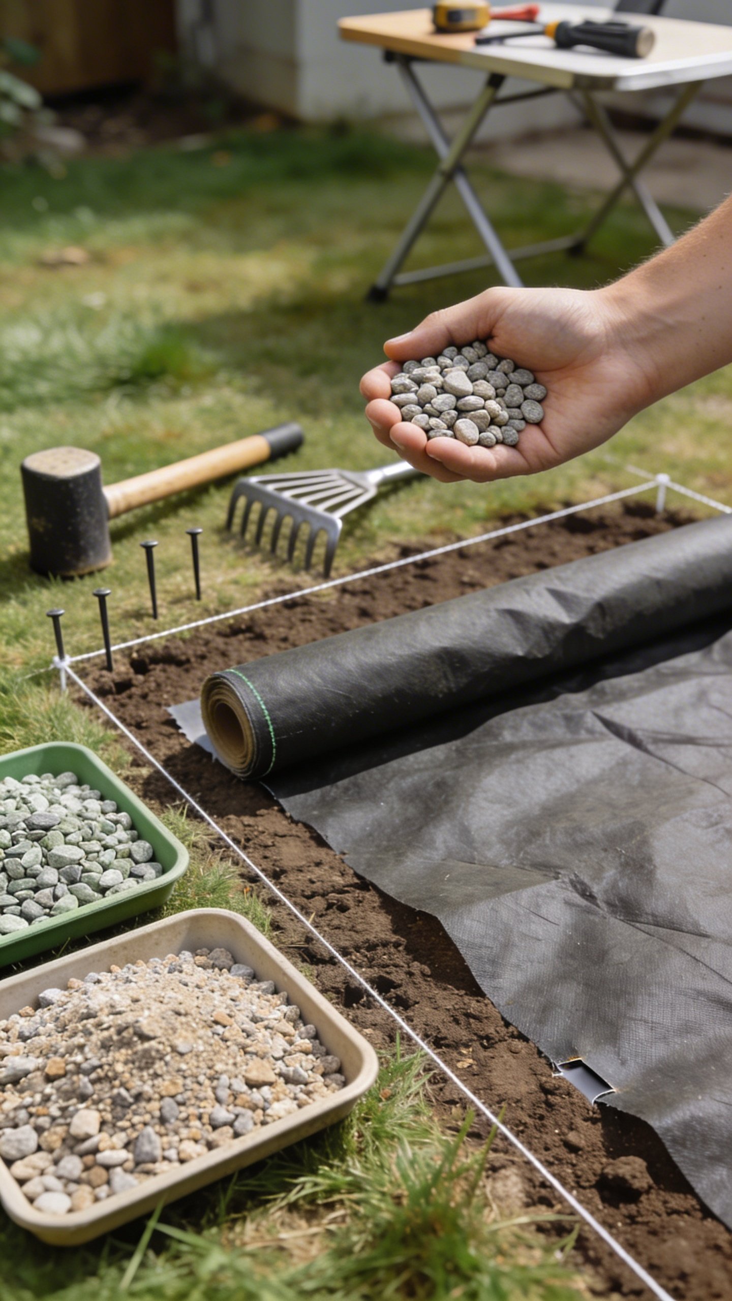 Close-up, process-focused scene showing choosing and spreading gravel: two contrasting gravel samples (pea gravel vs. crushed stone fines) in shallow trays on the grass; a hand holding a handful of rounded pea gravel over the prepared, compacted soil base with landscape fabric partially rolled out; a mallet, landscape spikes, and a metal garden rake nearby; the fabric being trimmed to fit the 6' x 8' outline marked by string; background hints of a modest DIY setup with a folding worktable and a few tools; natural daylight; no text.
