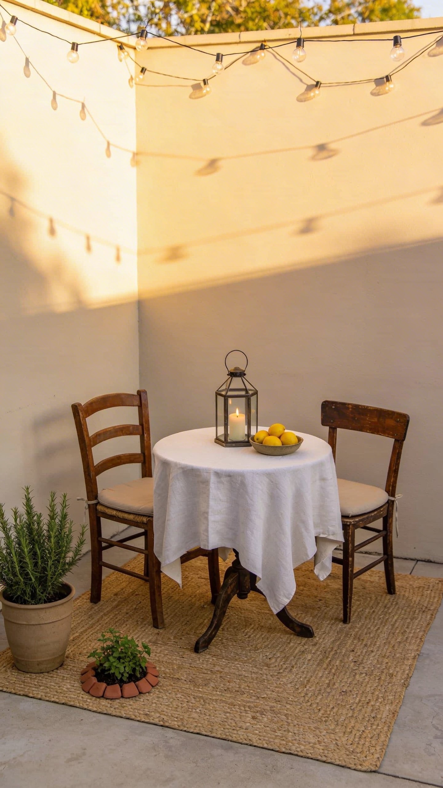Late-afternoon backyard corner transformed into a cozy budget outdoor dining nook: a small round thrifted bistro table with a simple white tablecloth, two mismatched wooden chairs with neutral seat cushions, string lights zigzagging overhead, a potted rosemary and a small terracotta herb cluster on the ground, a woven jute rug defining the space, a candle lantern centerpiece with lemons in a bowl, soft golden sunlight and gentle shadows, compact space with 30–36 inches behind chairs, clean minimal-meets-rustic vibe, no visible text, realistic photography.