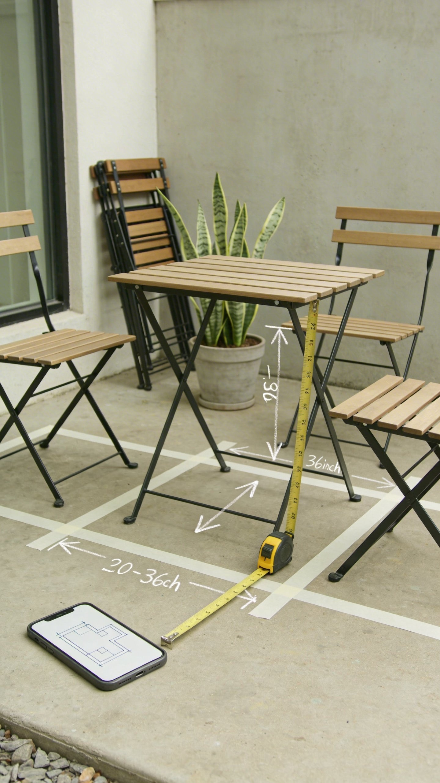 Step-by-step planning scene on a small patio: painter’s tape on concrete marking the footprint of a 4-person table and chair clearances, a tape measure stretched showing 24-inch seating space per person, chalked arrows indicating 30–36 inches of walkway behind chairs, a phone with a basic floor plan sketch resting nearby, a potted snake plant and a folded lightweight café table leaning against the wall, late-morning light, neutral tones, modern minimal style, no text.