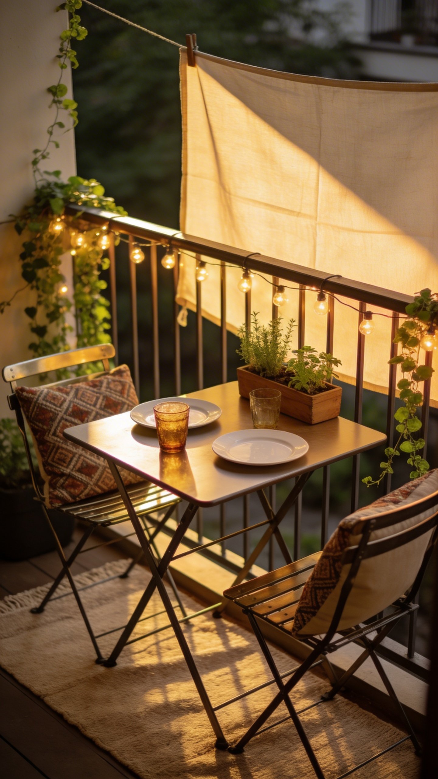 Compact boho balcony dining setup at golden hour: narrow rectangular foldable table set for two with simple white plates and thrifted glassware, two metal café chairs with patterned throw pillows, a neutral outdoor rug, string lights along the railing, a DIY shade solution using a light canvas drop cloth clipped to the railing casting soft shade, small planters with herbs and trailing greenery, a budget-friendly ambiance that looks upscale, warm glowing light, no text, realistic lifestyle photography.