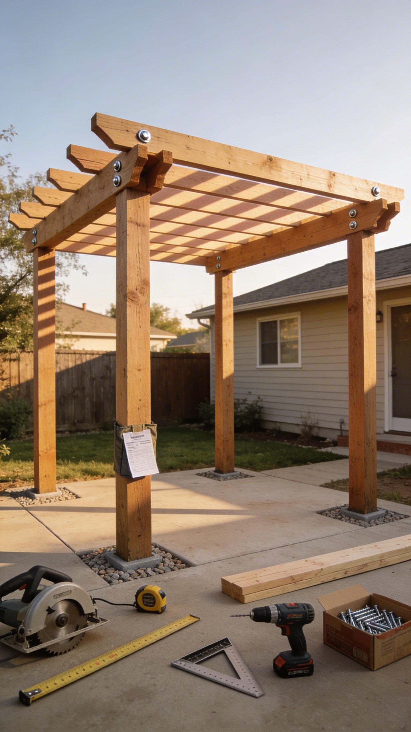 Late-afternoon backyard scene of a small 8x10 DIY pergola in a modest suburban yard: four pressure-treated 4x4 posts set in simple gravel footings, 2x6 beams notched and bolted to the posts with galvanized carriage bolts, evenly spaced 2x4 rafters across the top casting soft striped shade on a basic concrete patio. Include a tape measure, circular saw, speed square, drill/driver, box of deck screws on the ground, and a budget lumber receipt peeking from a pocket. No text, clean realistic style, natural warm light, tidy but clearly DIY.