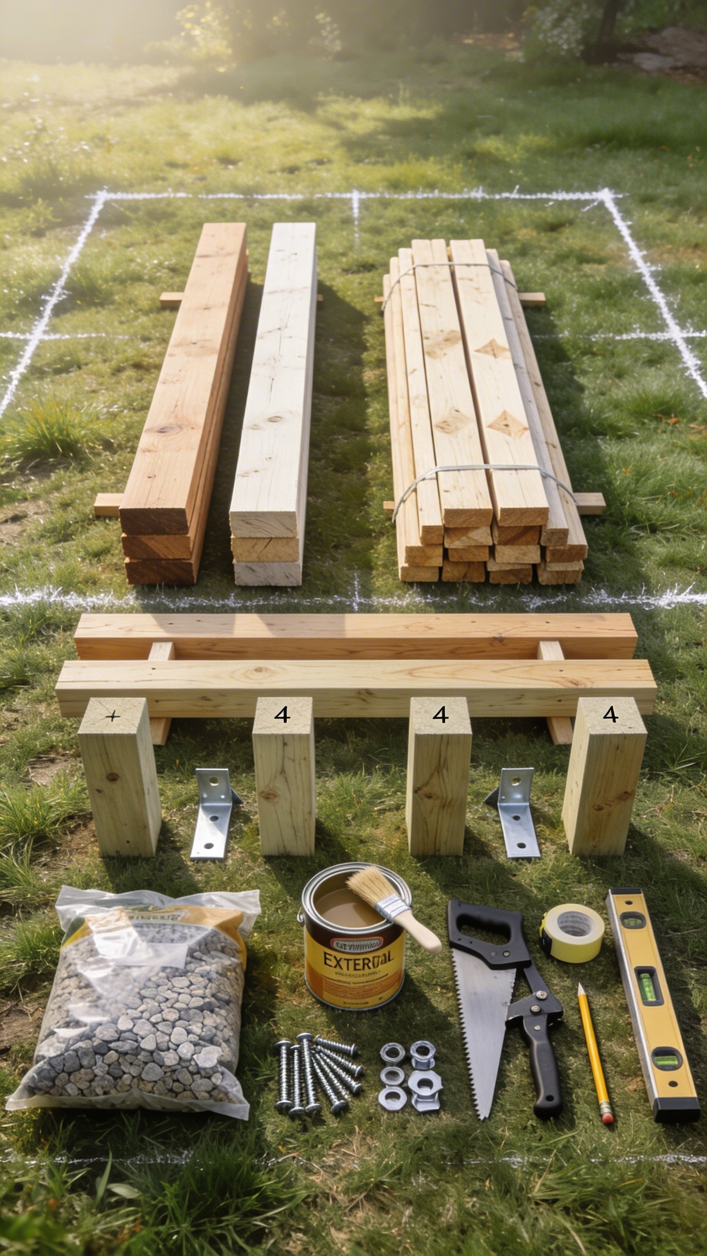 Step-by-step overhead layout shot of materials arranged on grass for a budget pergola build: neatly stacked 2x6 beams (two longer pieces), a bundle of 2x4 rafters, four 4x4 posts, galvanized angle brackets, exterior wood screws, carriage bolts with washers and nuts, post gravel bags, exterior wood sealer can with brush, and basic tools (handsaw, clamp, level, tape, pencil). Boards are labeled only by their size via wood grain differences and lengths (no text), with chalk lines on the grass marking an 8x8 footprint. Soft morning light, instructional vibe without any words.